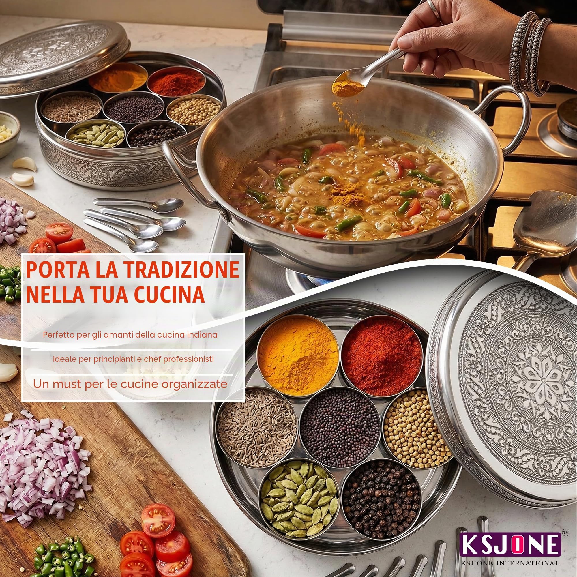 KSJONE Masala Dabba di Design – Contenitore per Spezie Indiane in Acciaio Inossidabile da 8 Pollici con 7 Scomparti Interni e Cucchiaini, Organizer Lucido a Specchio con Coperchio