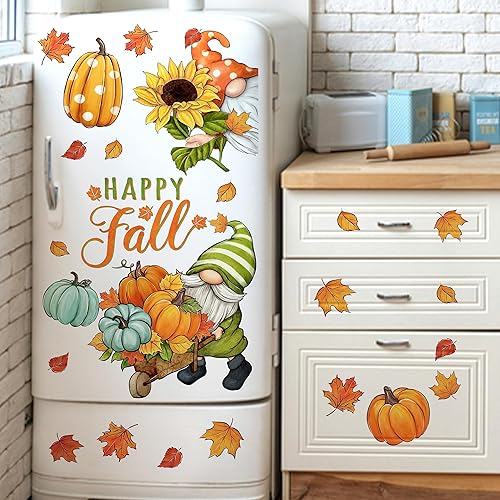 Miniatura 4 de Mfault Gnomo de feliz otoño para ventana, 9 hojas, cosecha de otoño, calabaza, girasol, granja, calcomanías decorativas, hojas de arce, Acción de