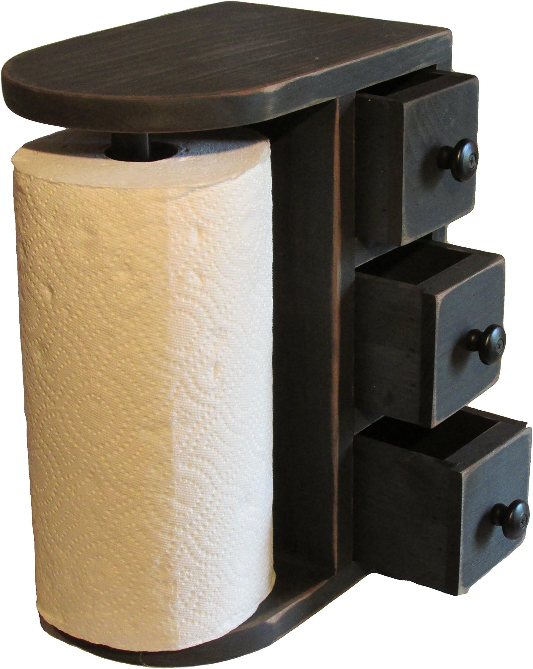 AMISH HANDCRAFTED WOODEN PAPER TOWEL HOLDER STATION with 3 Drawers, Solid Wood, Finished in a Primitive Rustic Black Wash Finish. Hand Made By – The Amish Guys