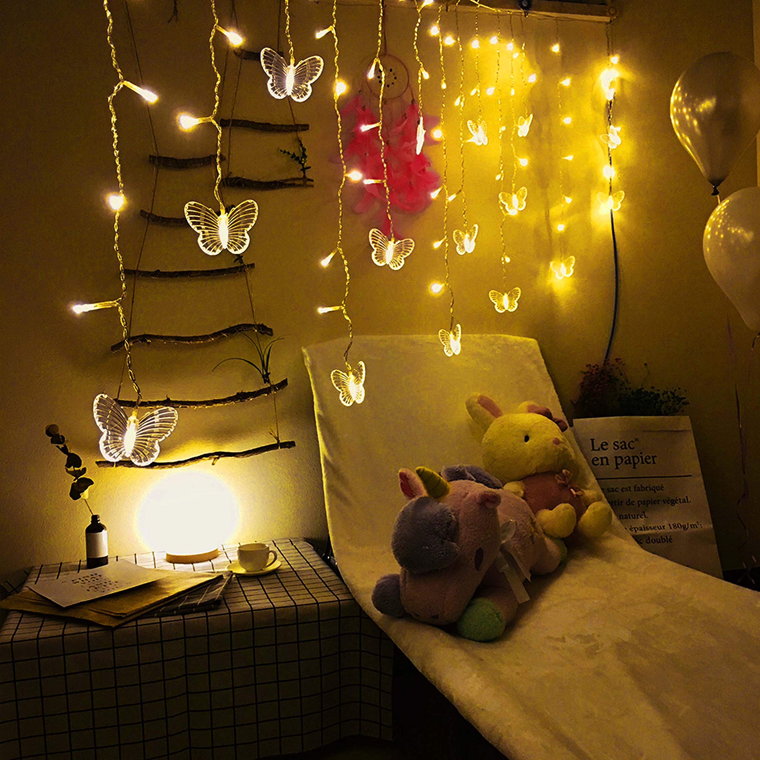 LEDVorhangLichter, 48 LEDs, USBbetrieben, 8 Modi, wasserdicht, für Fenster, funkelnde Lichterketten mit 10 Schmetterlingen mit Fernbedienung, für Weihnachten, Urlaub, Party,