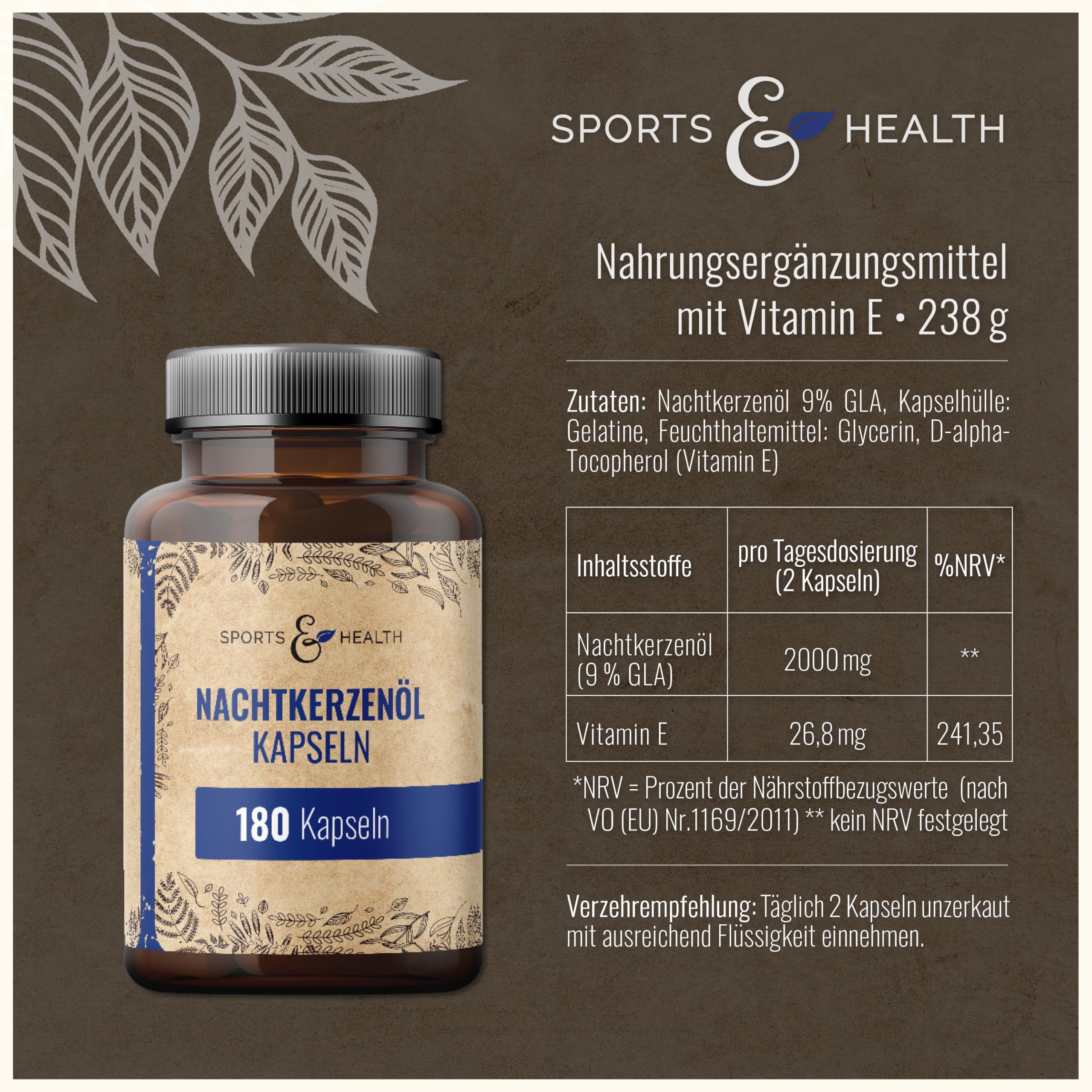 Nachtkerzenöl Kapseln - 180 Kapseln Hochdosiert 2000mg pro Tagesdosierung - Mit natürlichem Vitamin E - Nachtkerzenöl Kapseln für die Haut - Evening Primrose Oil Capsules