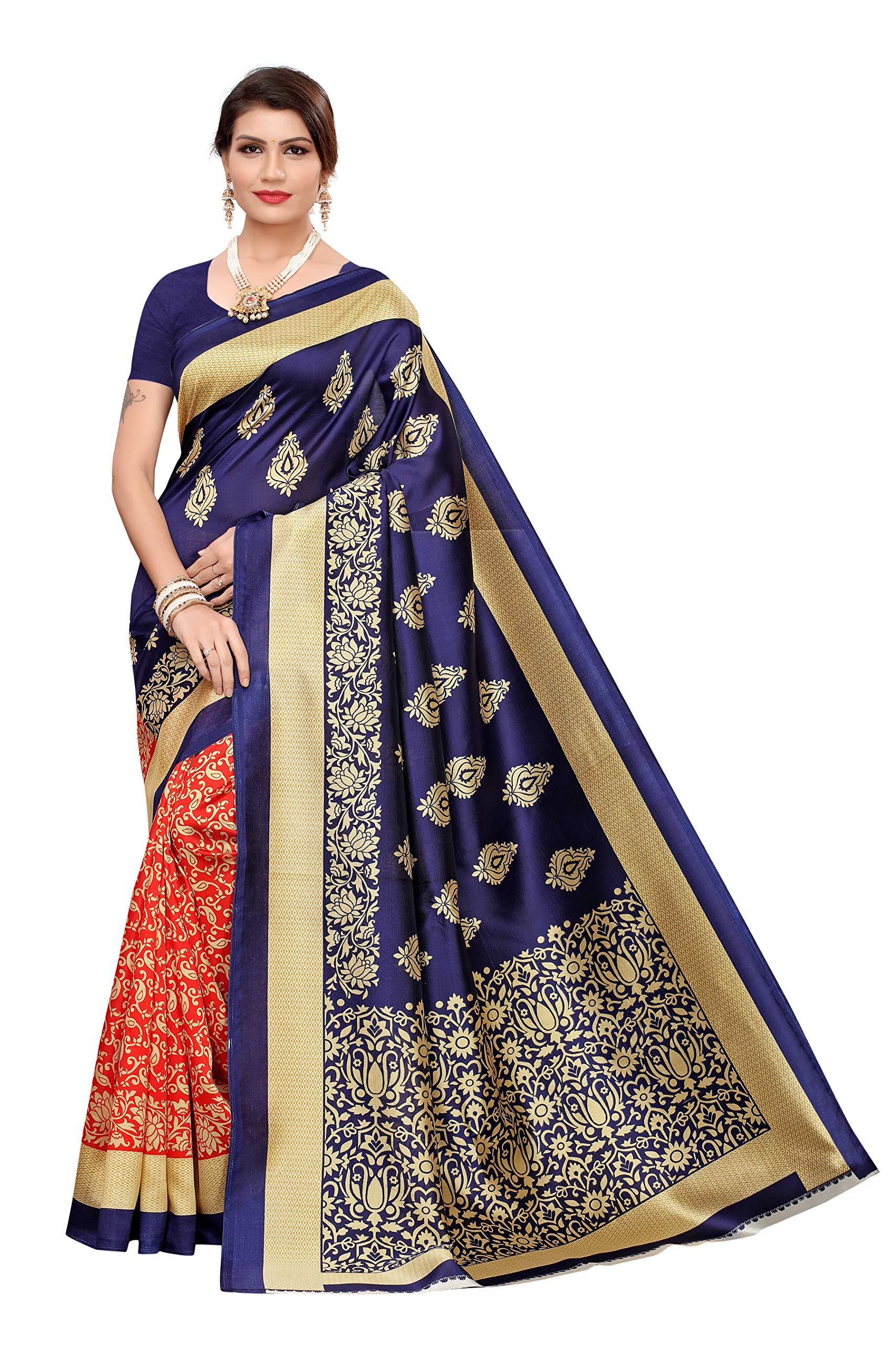 VRUTI FASHION Women's Silk Saree with Blouse Piece (Blue & Red)