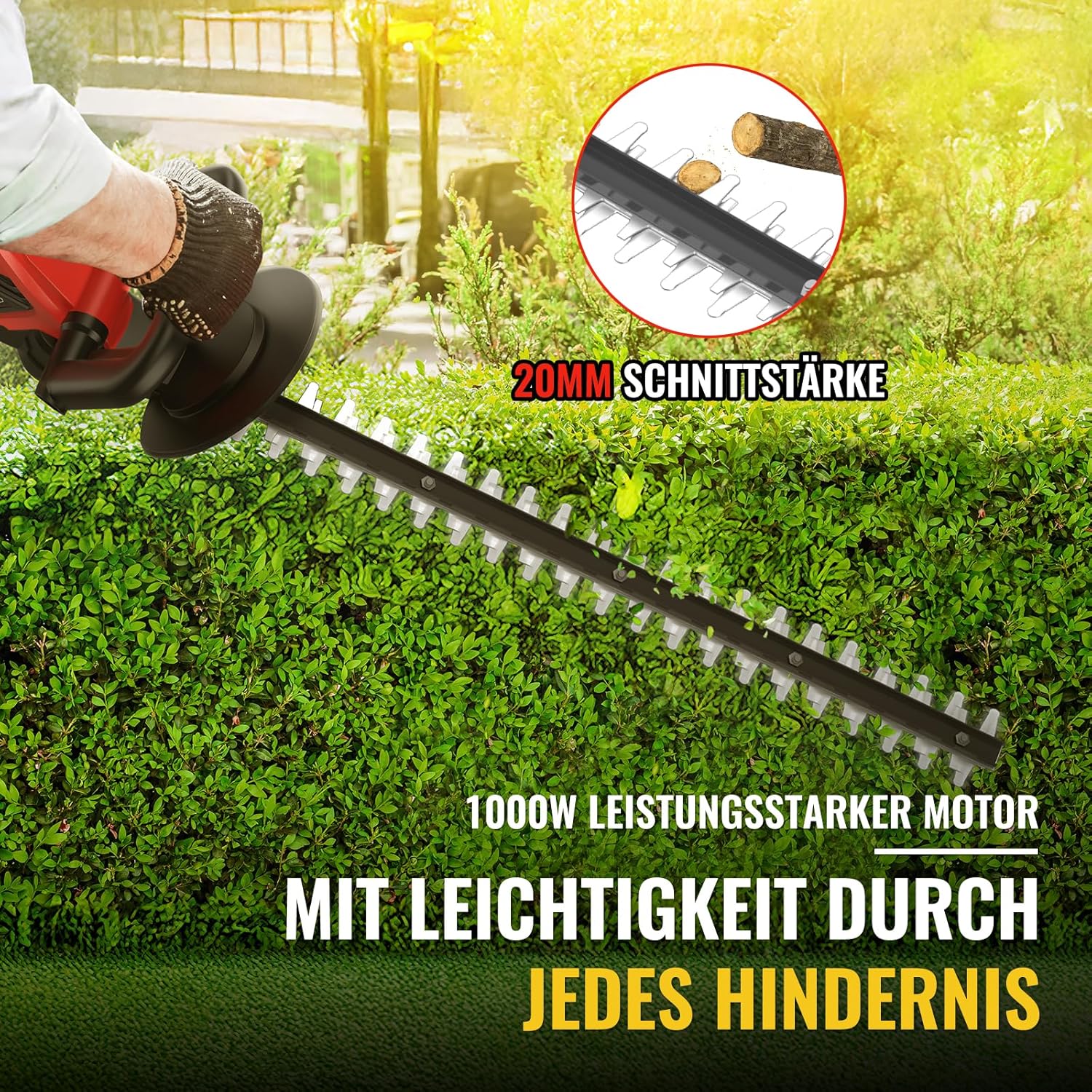 Hedge trimmer blade showing 20mm cutting thickness and 1000W motor