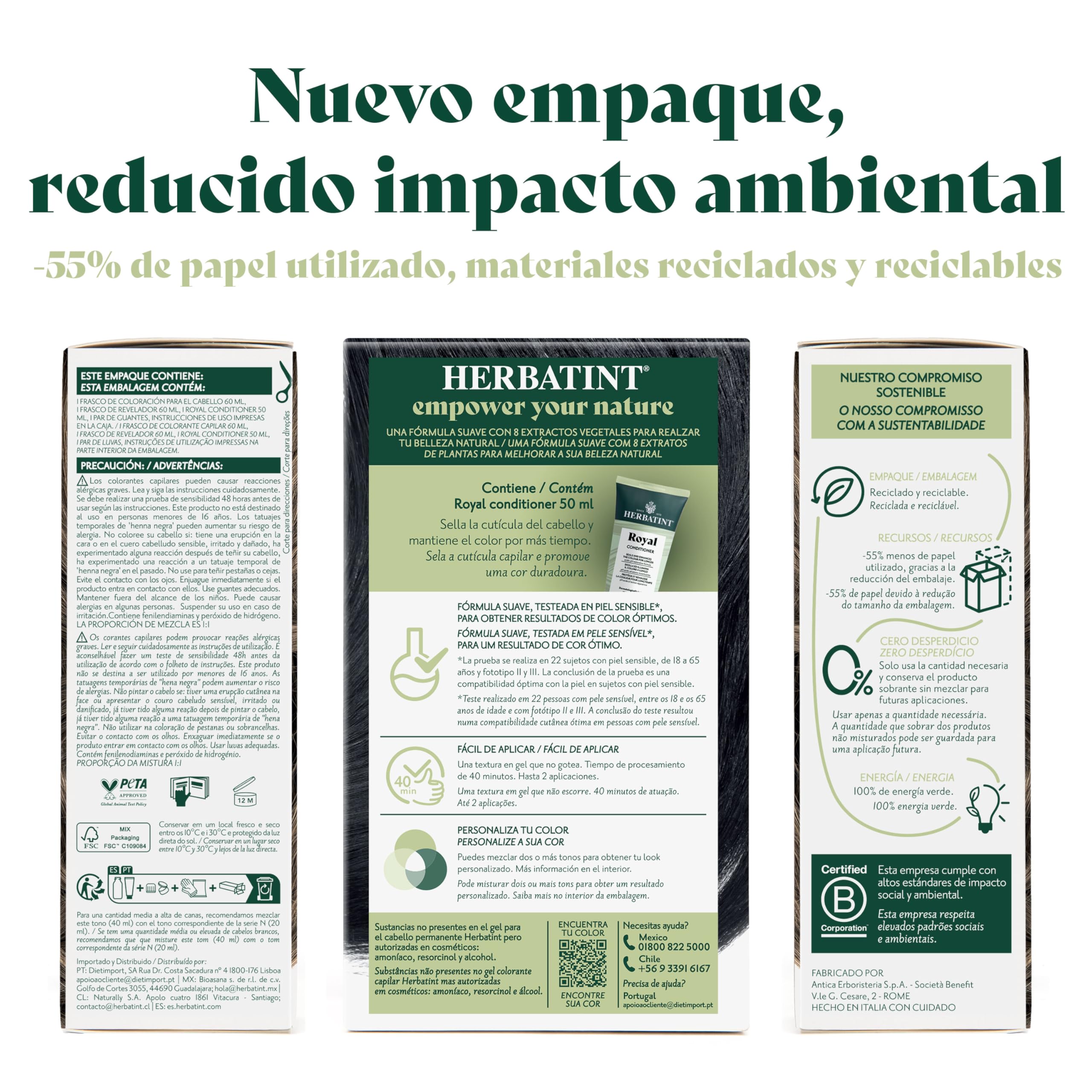 Herbatint Trwały żel do włosów farbowanie 1N czarny - 170 ml, bez amoniaku, 100% pokrycie siwych włosów, dla wrażliwej skóry, z 8 naturalnymi ekstraktami z biologicznych