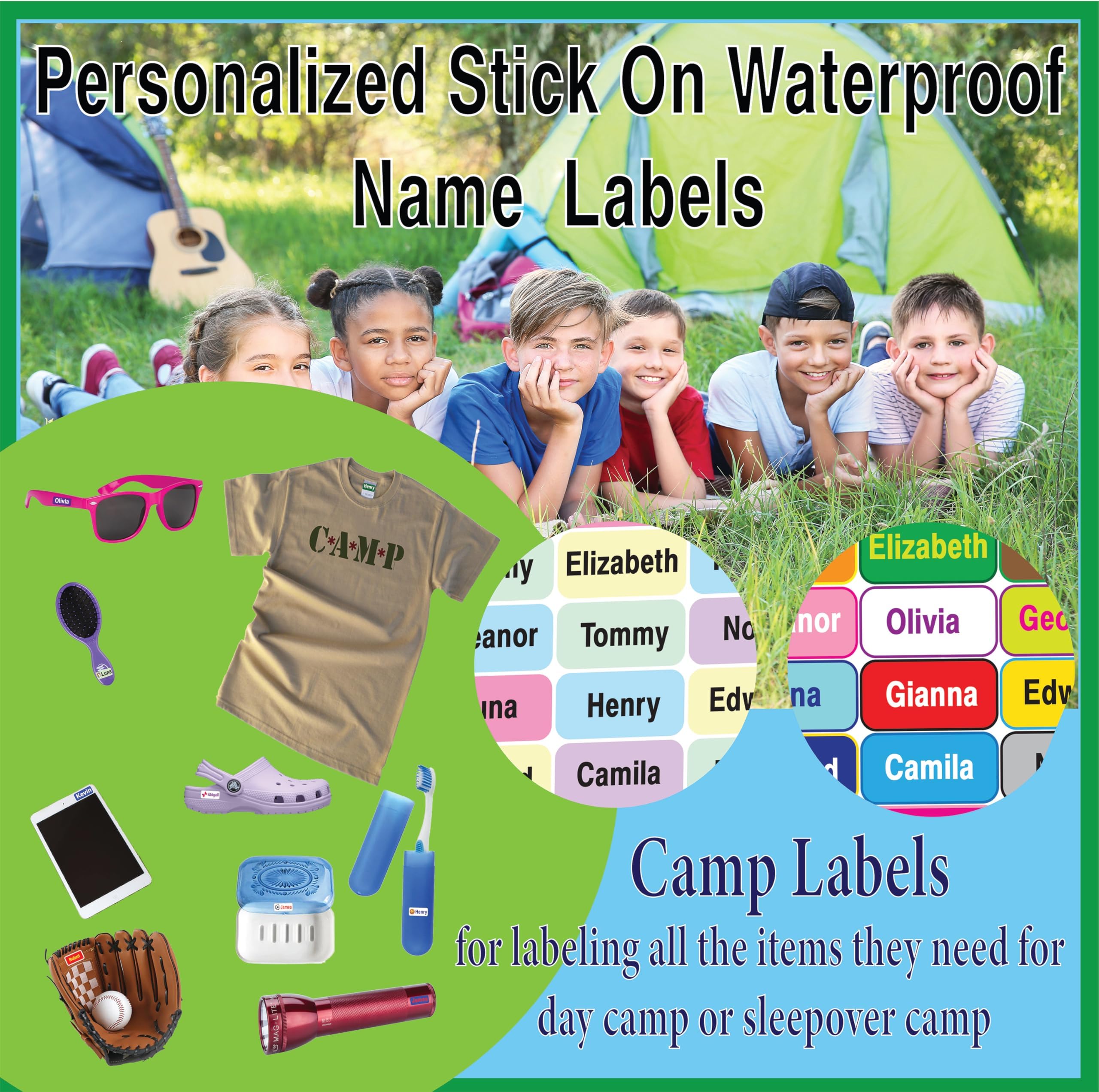 Personalisierte, wasserdichte Namensetiketten, drücken und aufkleben, individuelle Namen, zum Aufkleben auf Kleidung, bis zu 3 Zeilen, ideal für Camp und Kindertagesstätte (Sommerbrise)