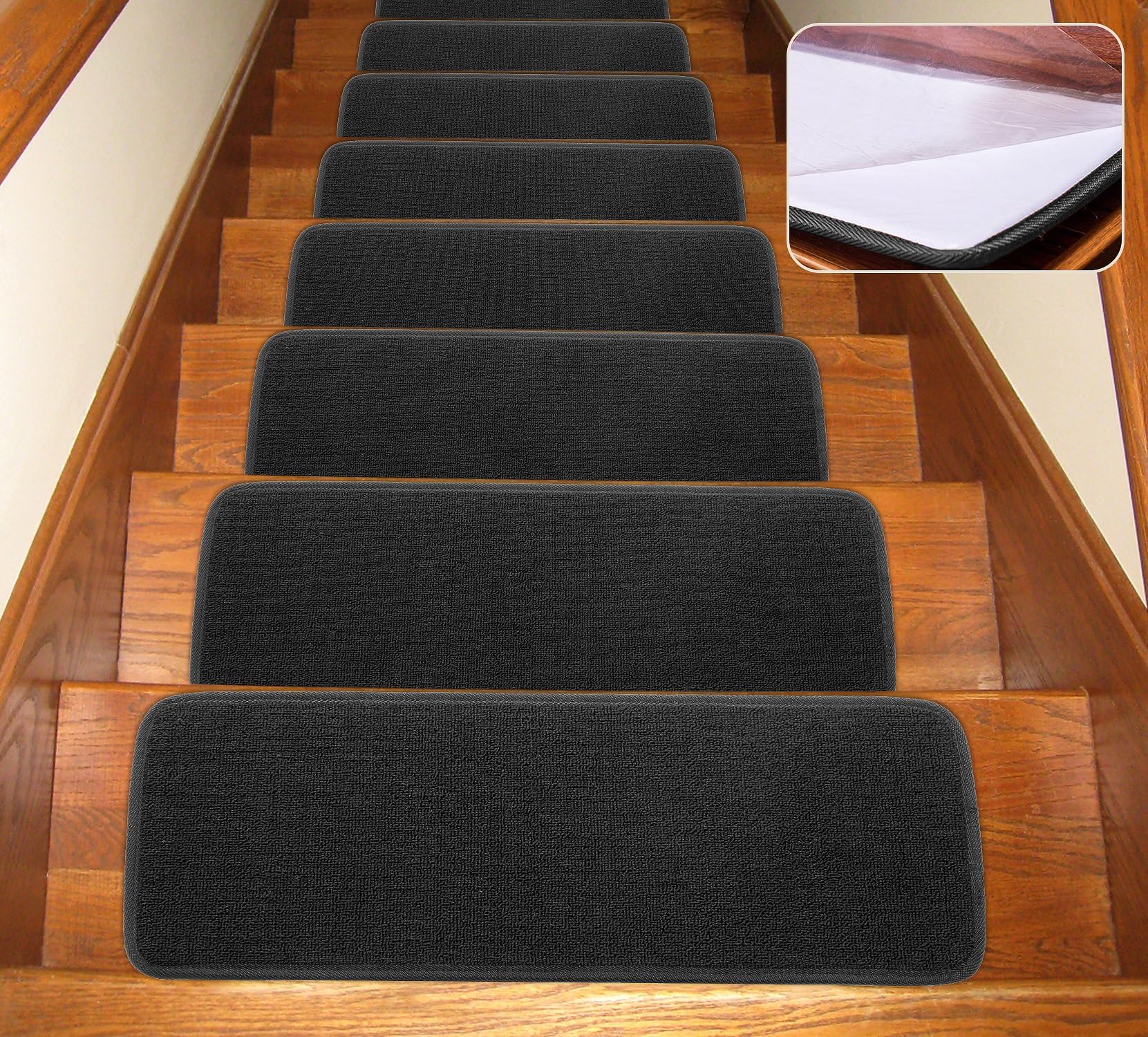 Seloom 13pcs Carpet Stair Treads, Indoor Non Slip Stair Rugs Covers Rubber Backing Anti Slip Indoor Stair Mats Removable Washable Step Runners for Wooden Stairs (25.5ร9.5In,Black)