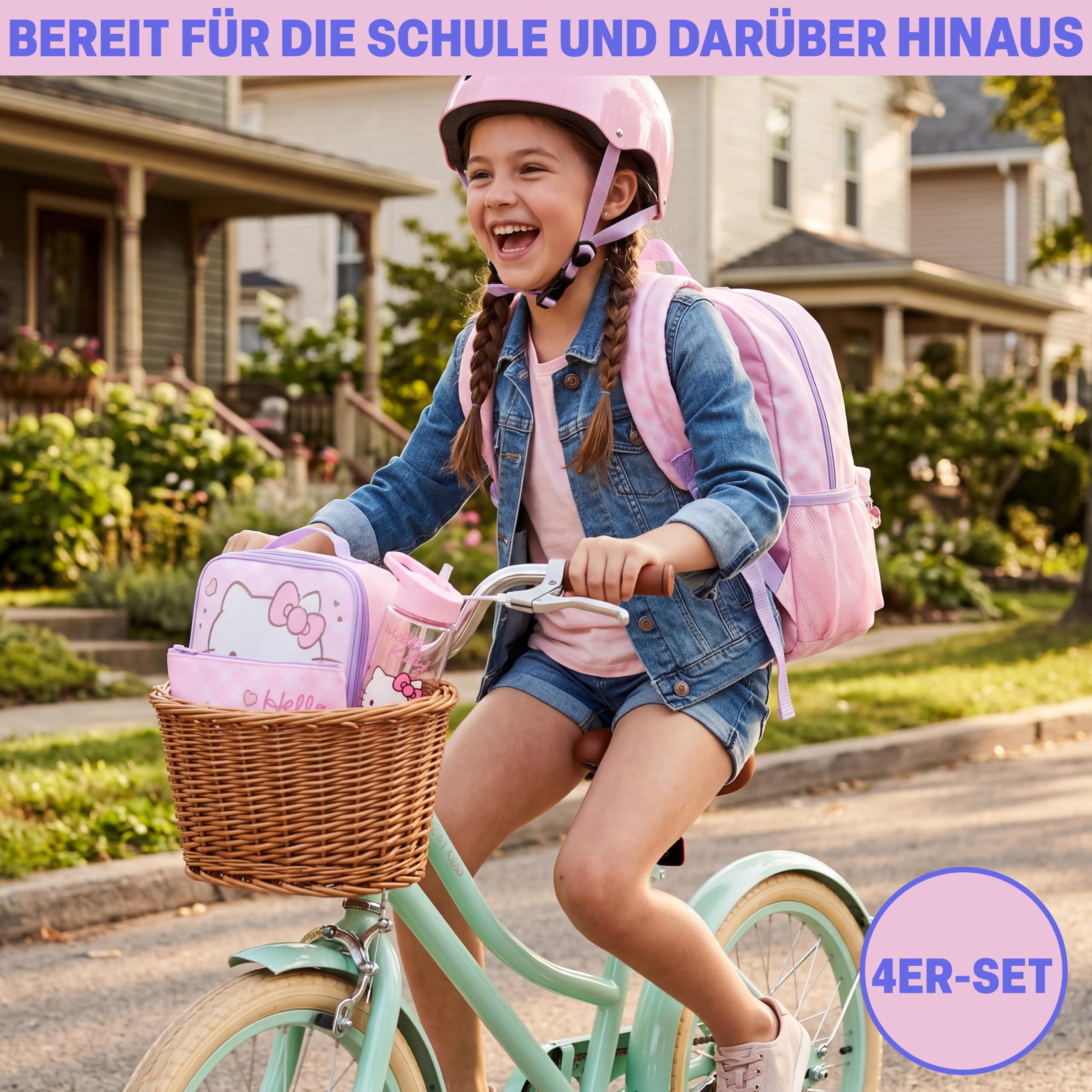 Get Trend Hello Kitty Sanrio Rucksack Kinder 4 TLG. Größer Kinderrucksack, Trinkflasche 500ml, Federmäppchen & Isolierte Lunchtasche, Geschenk für Kinder (Rosa Hello Kitty)
