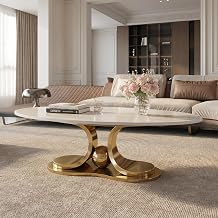49.2" Modern Oval Faux Marble Coffee Table, Sintered Stone Center Table with Sculptural Gold Stainless Steel Base,Luxury Marble Pattern Cocktail Tea Table for Living Room Office Reception Room