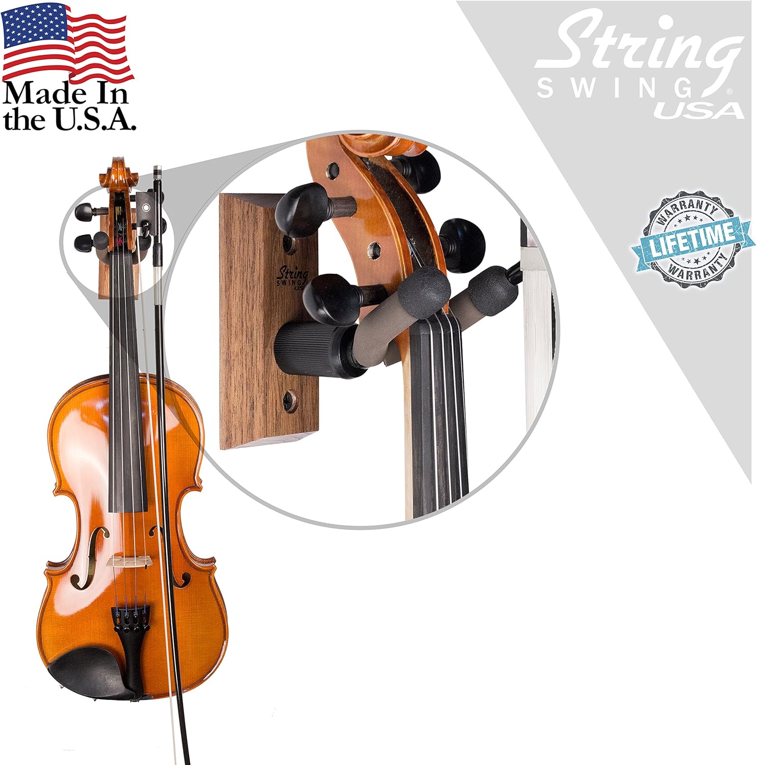 String Swing Violin Hanger Wooden Wall Mount for Home & Studio CC01V-BW3 Hardwood Black Walnut (3 Pack)