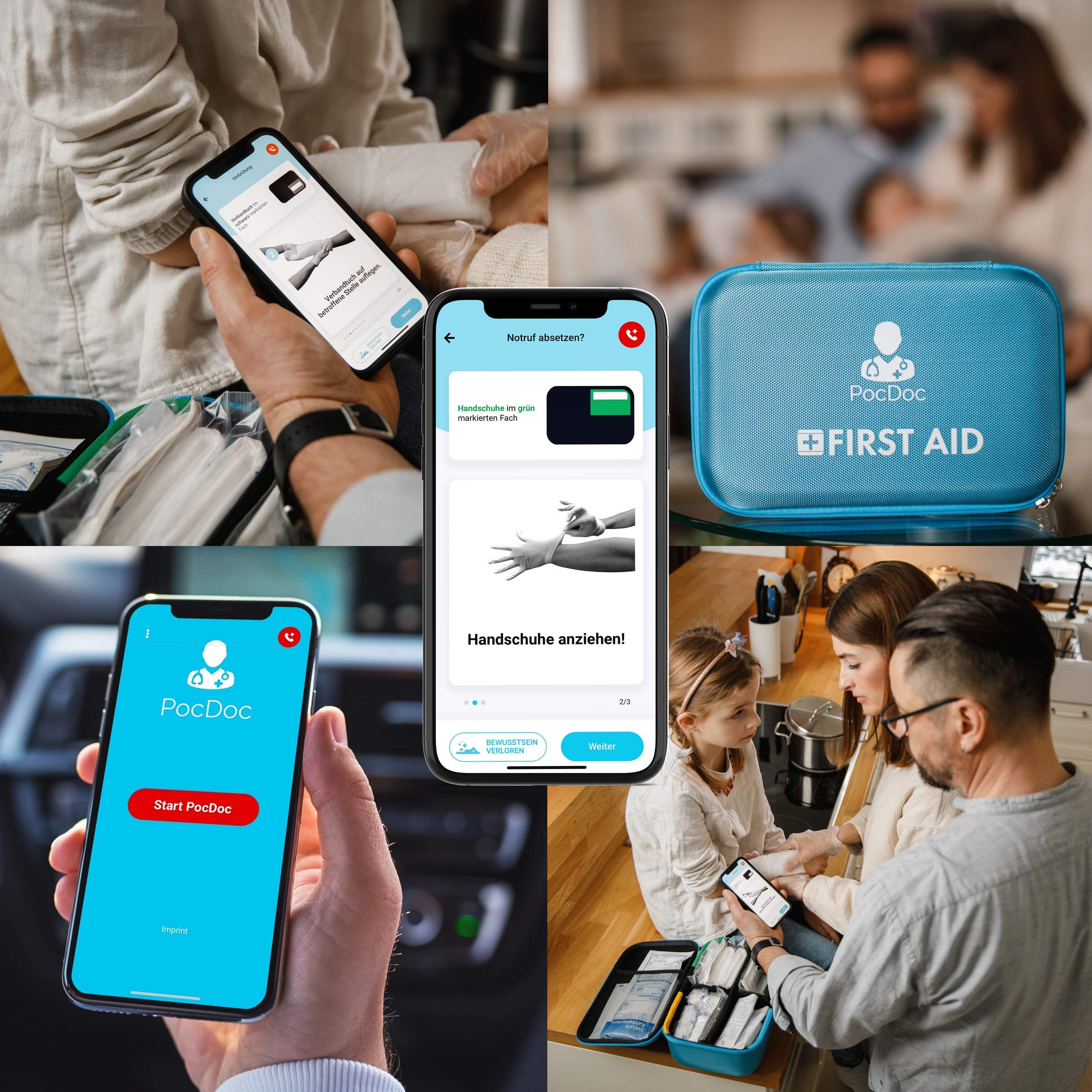 PocDoc Premium - Smarter Verbandskasten mit Erste Hilfe APP (iOS & Android) - KFZ DIN 13164 fürs Auto & Zuhause + Kühlkompresse, Pinzette & Wundreinigungstücher