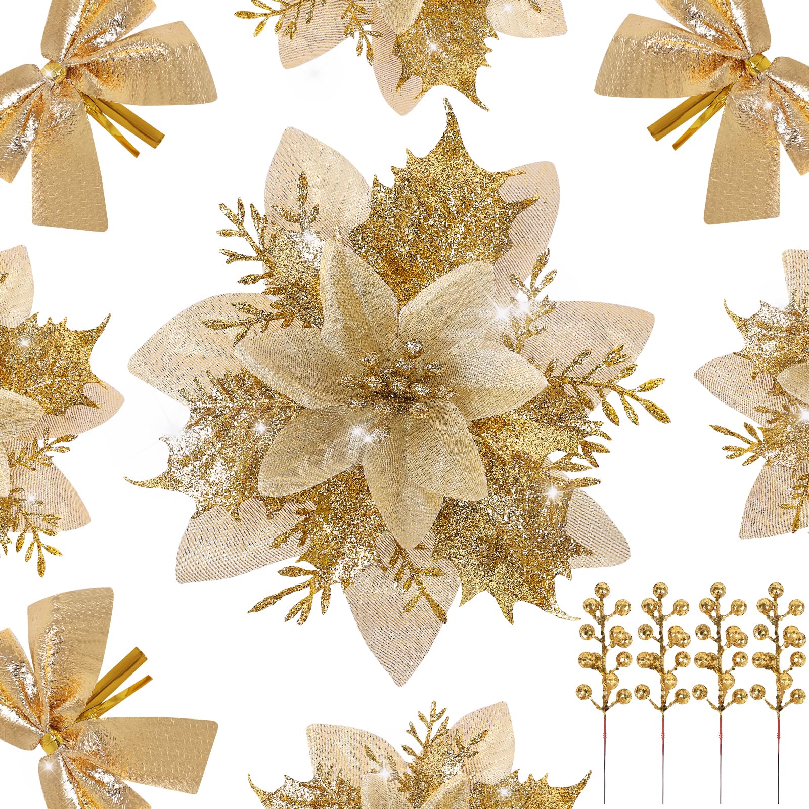 DEEMEI 12Sets Christmas Decorations Glitter Poinsettia with Clips Stems Berries Bows Ornaments for Xmas Tree Wreath Garland Gifts Decor (Gold)