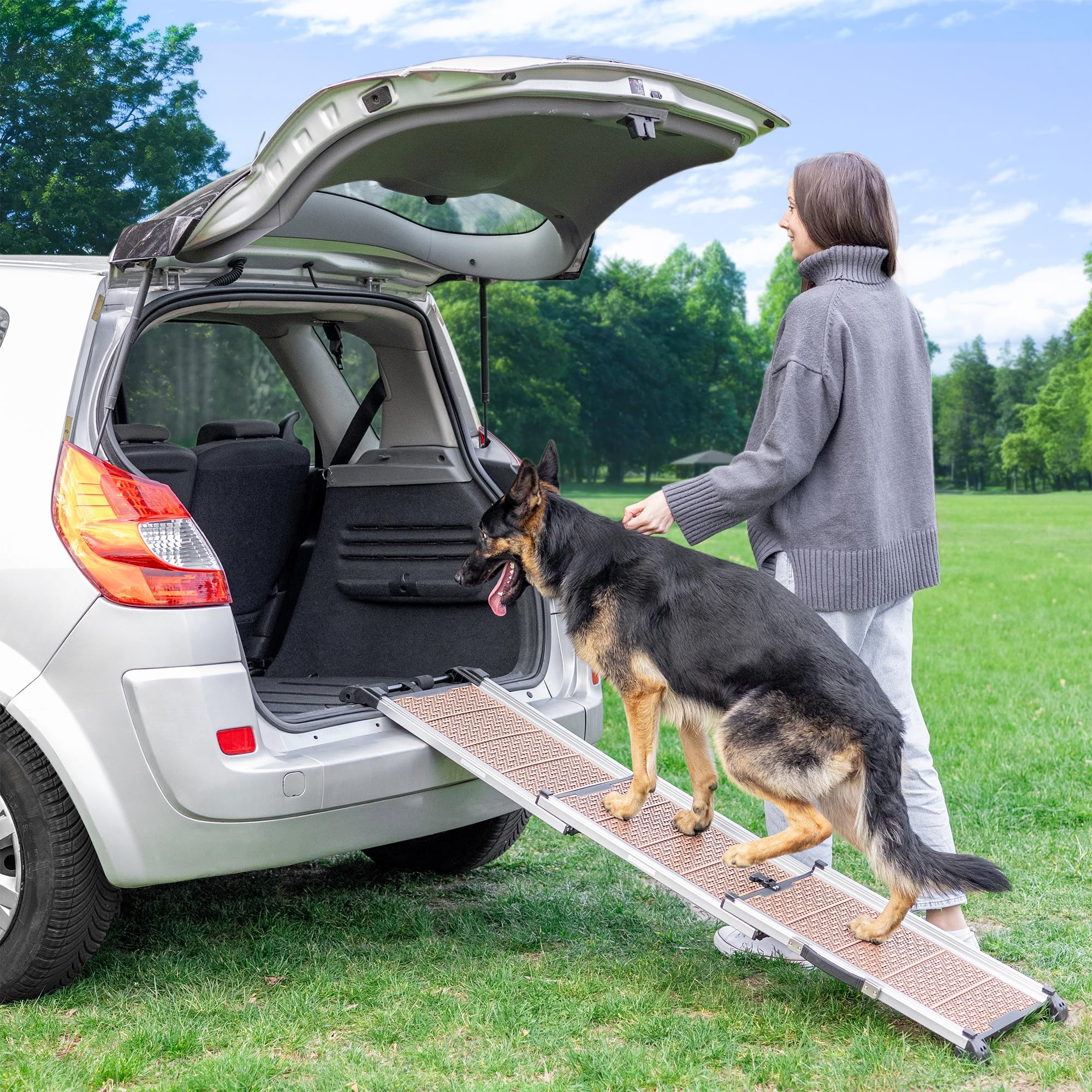 Rampa para Perros para Coche - Estable - Antideslizante - 90 kg de Capacidad - Rampas Extensibles para Perros Grandes - Laterales Reflectantes - Escalera Ligera para Perros - Clip de fijación - Arena