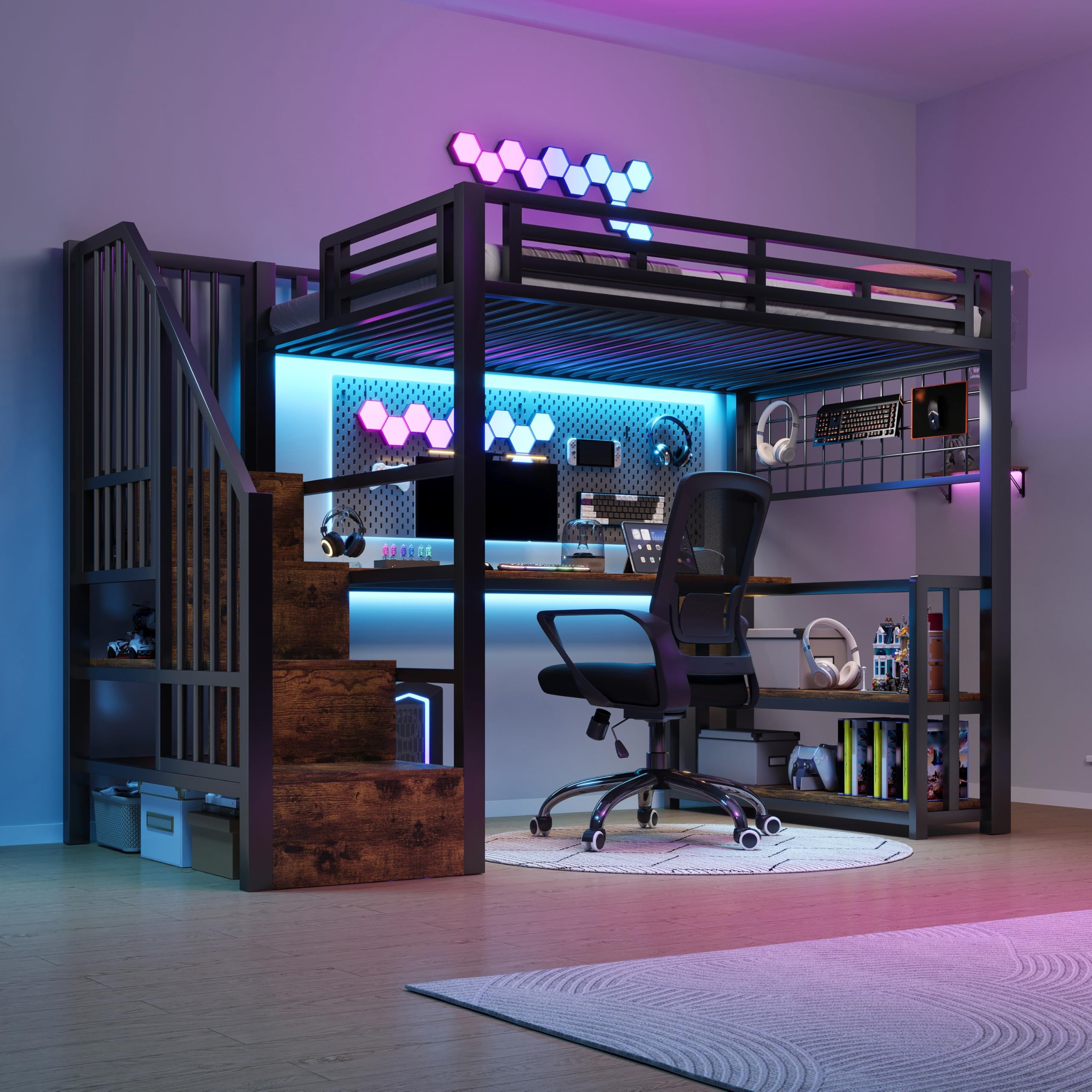 Lubvtti Letto a soppalco con luce LED e porta USB 90x200 cm,Letto singolo con struttura in ferro con scrivania e Griglia sospesa,Con scale portaoggetti e ripiani portaoggetti,Nero(Senza materasso)