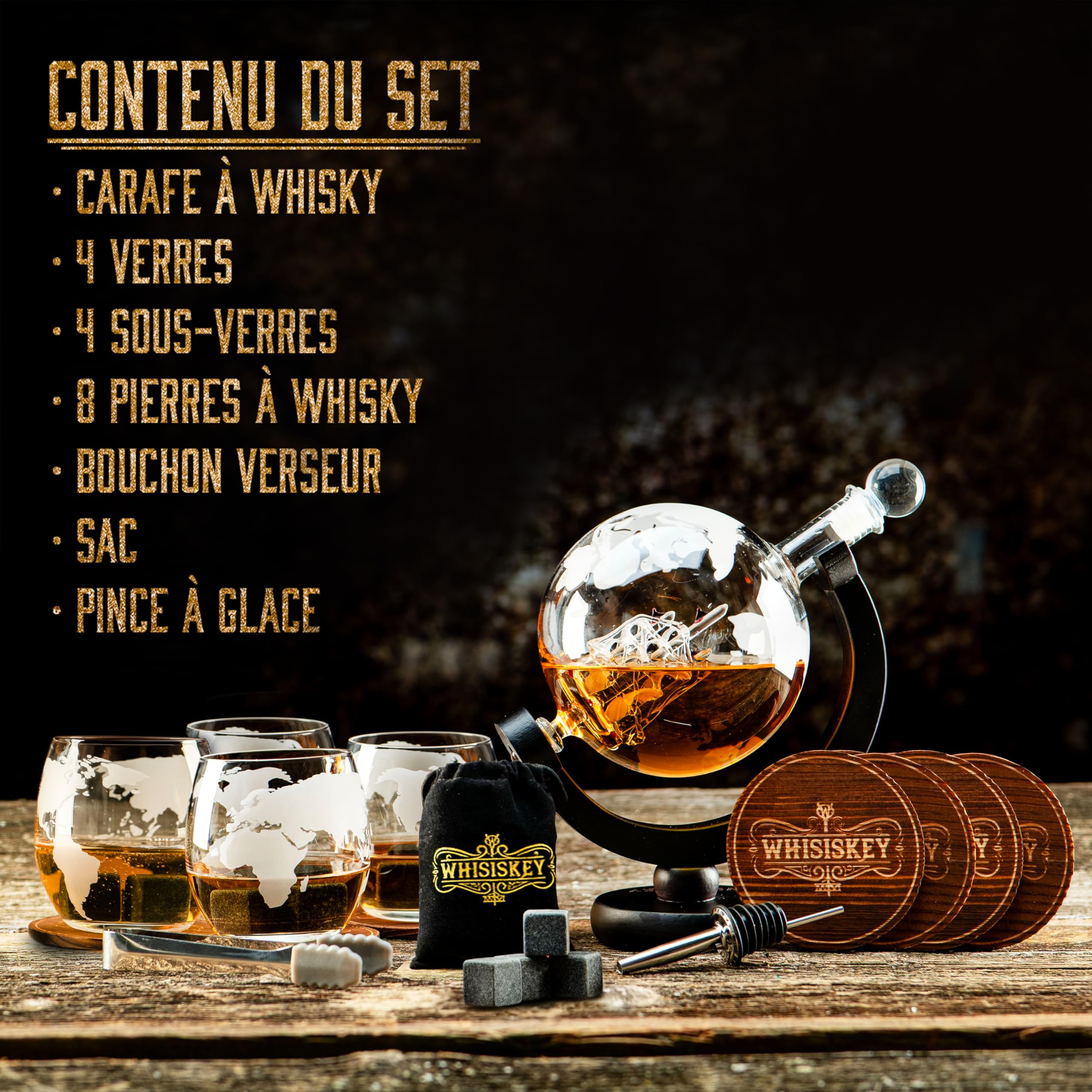 WHISISKEY Ensemble carafe à whisky - Coffret cadeau à whisky - Cadeaux pour hommes - Cadeau d'anniversaire pour homme - Carafe globe 900 ml - Boîte cadeau, 4 verres à whisky, 8 pierres à whisky