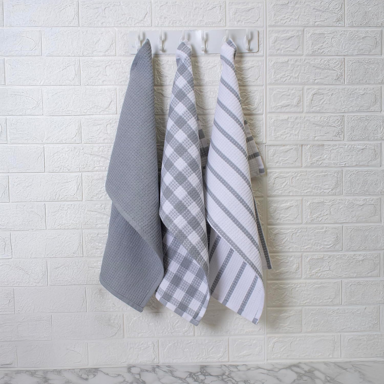 Blue Needles Waffle Weave Kitchen Towels, 15x25 Inches 100% Cotton Set of 6 Dish Cloths for Kitchen, Ultra Soft & Absorbent with Hanging Loop, Dish Rags for Quick Drying, Assorted - Ash Grey - Image 2