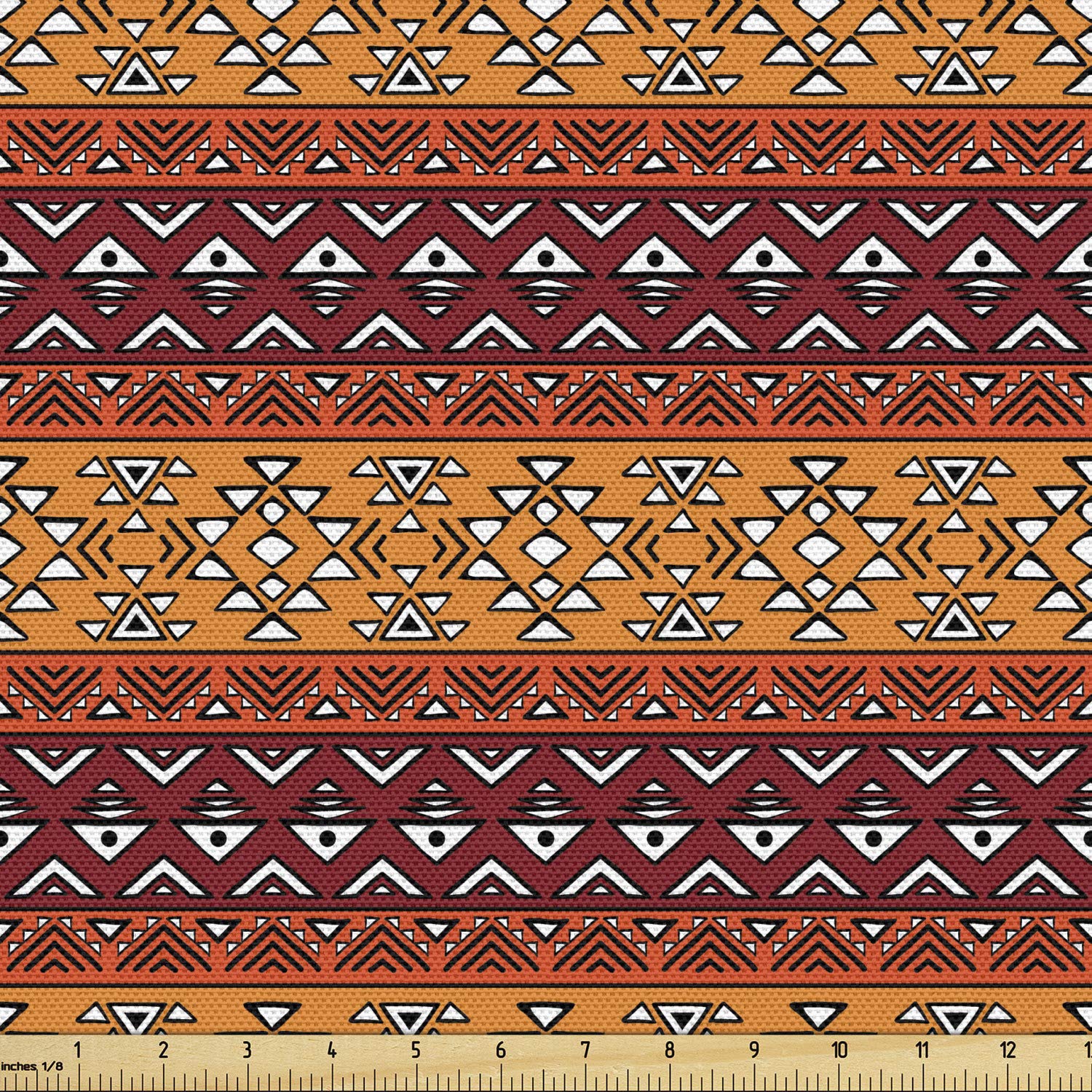 AmbesonneTribal Fabric by The Yard, Maya Inspired Horizontal Esoteric Latin Inspired Geometric Pattern Print, Decorative Fabric for Upholstery and Home Accents, 2 Yards, Apricot Ruby