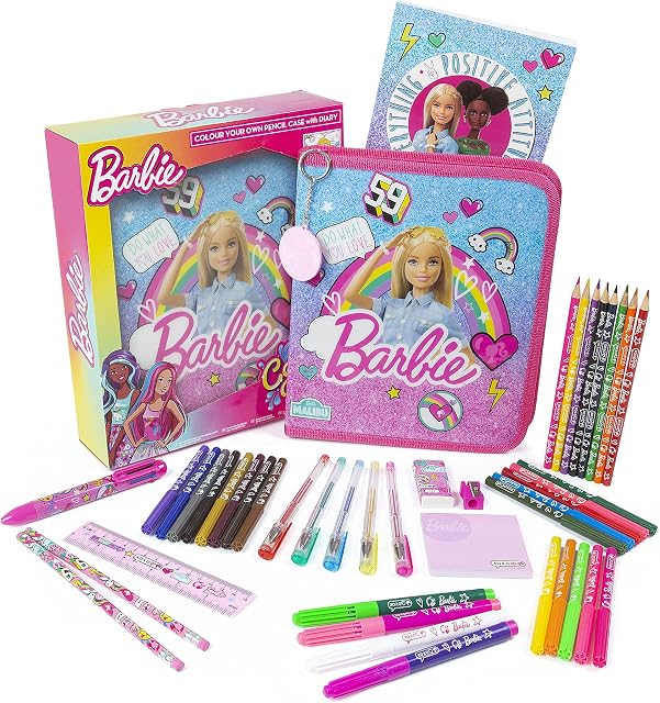 Barbie Colour Your Own Pencil Case Including Diary, 4 Colour Change Markers 5 Gel Pens and 6 in One Marker - Art Craft Set - Kids Stationery Sets for Girls