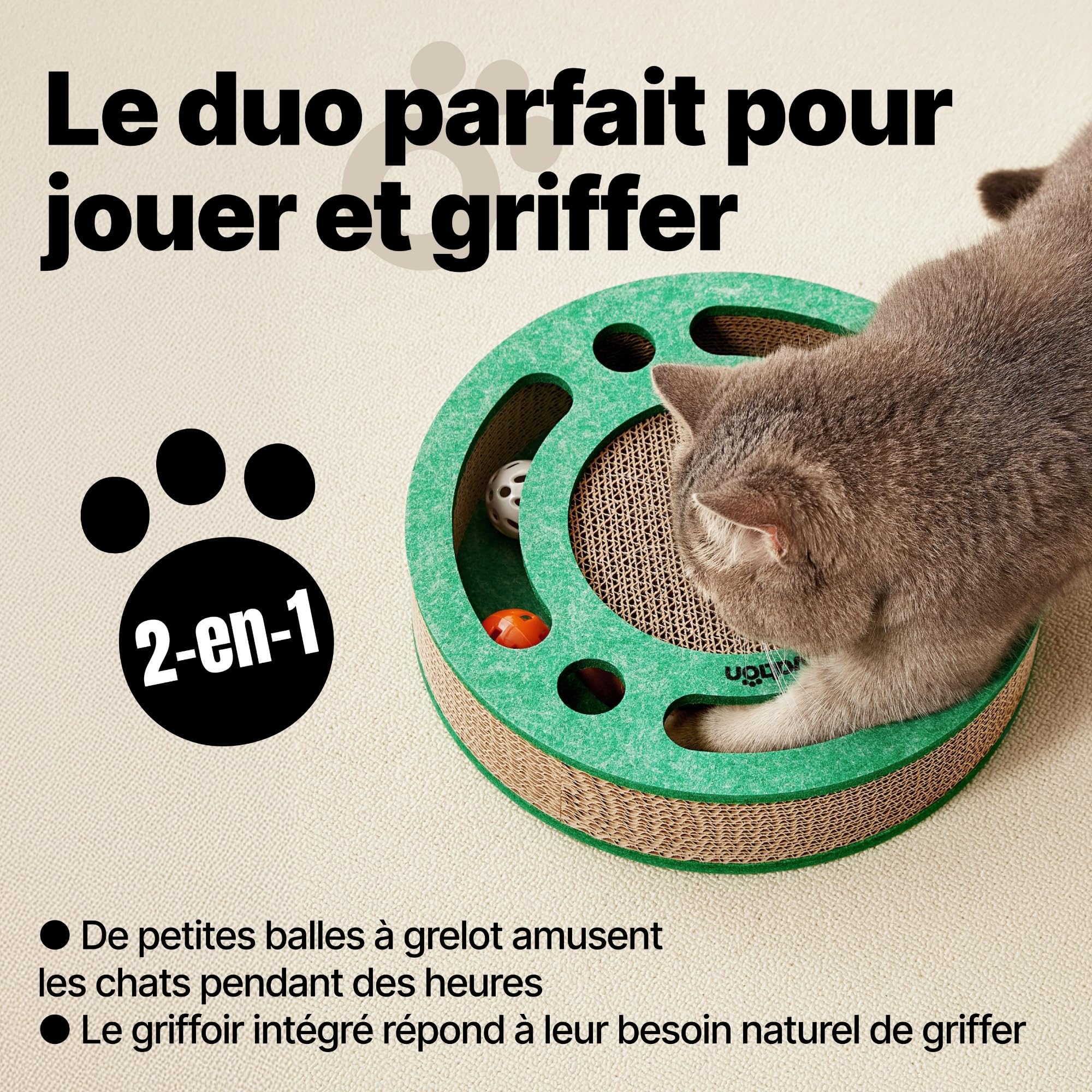 Griffoir pour Chat avec Piste à balles à grelot – Jouet pour Chats interactif, Tapis à griffer en Carton ondulé avec Herbe à Chat, Planche à griffer, Accessoires pour Chats (Orange)