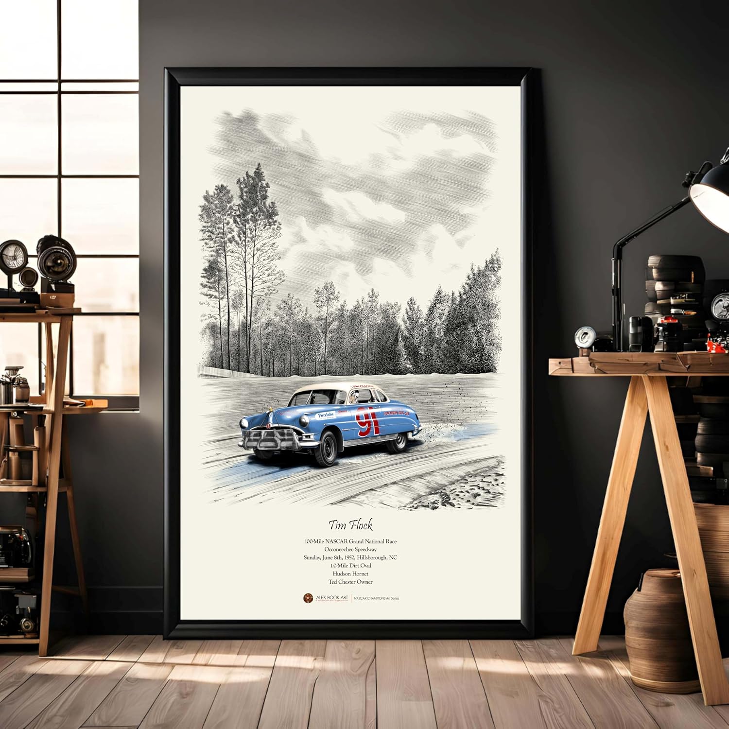 1952 NASCAR Champions Vintage Poster | Tim Flock Hudson Hornet Ink & Watercolor Wall Art | Hillsborough Speedway Art Print | Best Home, Office, Garage Décor Gift for Race Fans