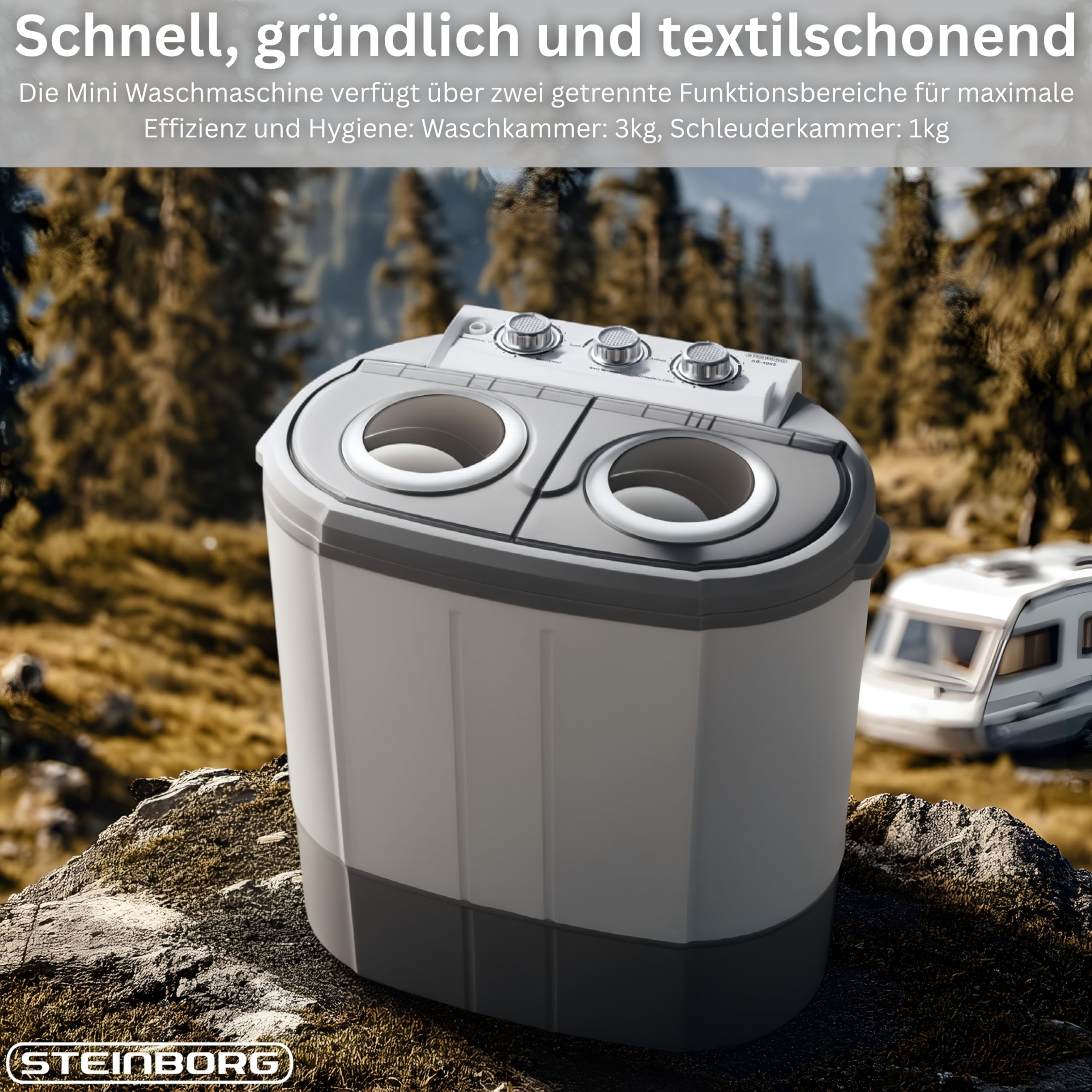 Steinborg Mini Waschmaschine mit Schleuder 2-Kammer Toploader 3 kg 1 kg kompakt Camping Reisen Haushalt