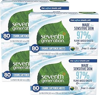 Seventh Generation Dryer Sheets, Fabric Softener, Free and Clear, 80 count, 4 Pack