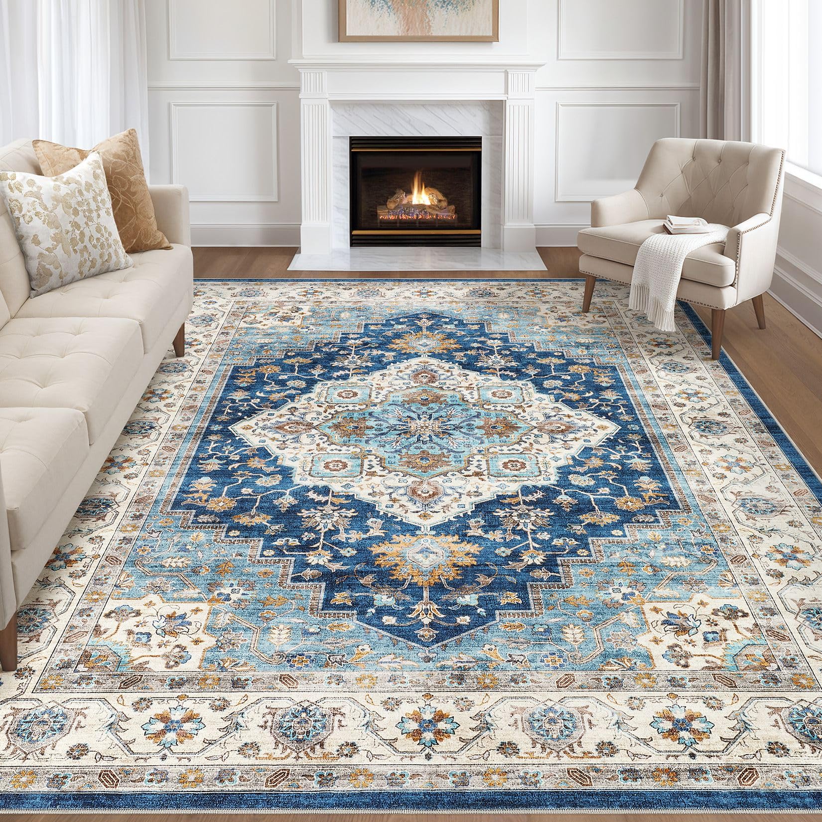 LOONGRUG 7x10 Area Rug Washable Vintage Boho Living Room Rug Navy Beige