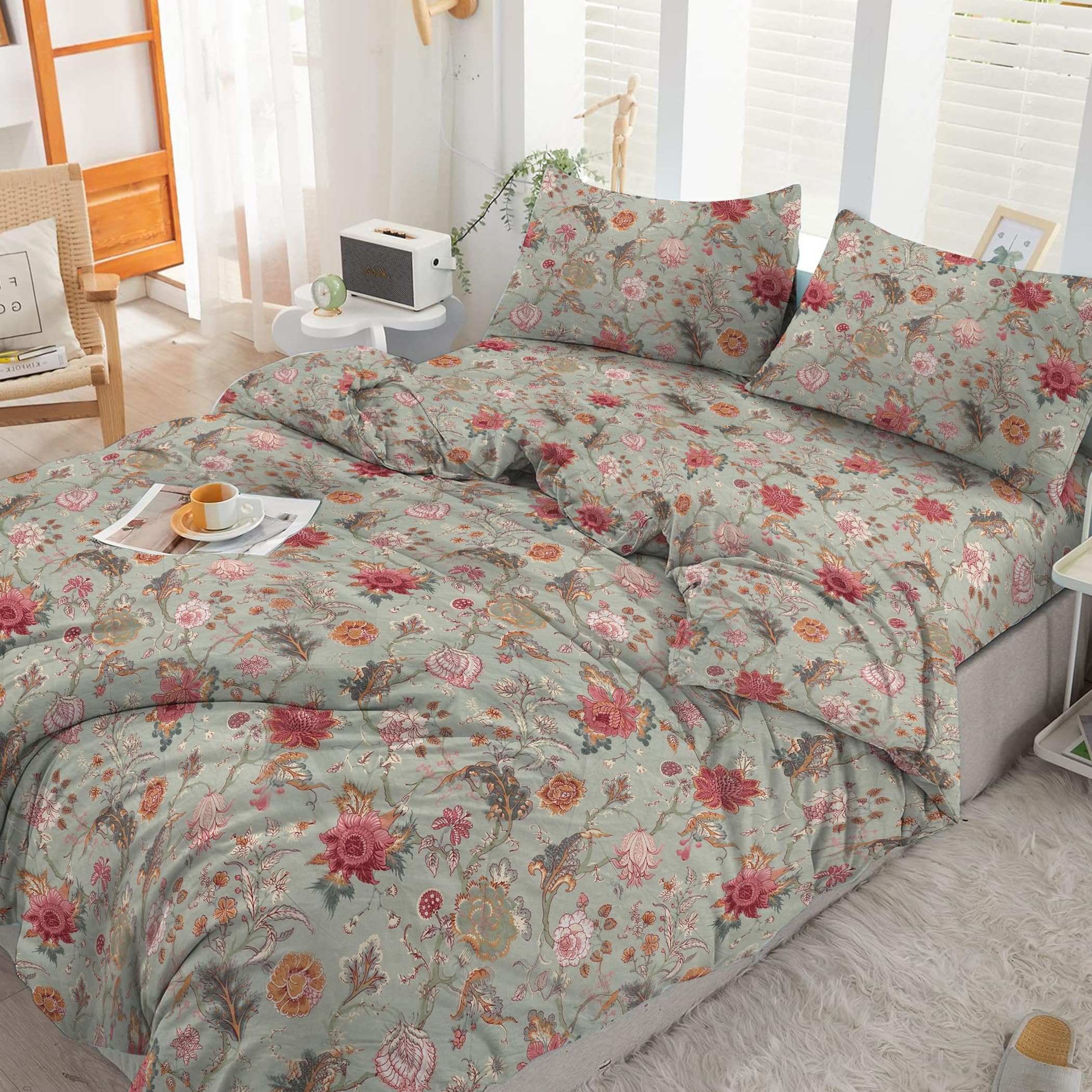 Cotton Comfort Bedding& Linen 3PCS Double Duvet Cover Set 100% Egyptian Cotton Bedding Double Bed Set 400 Thread Count Floral Printed Autumn Bloom Duvet Cover Double with Pillow Cases 2 Pack