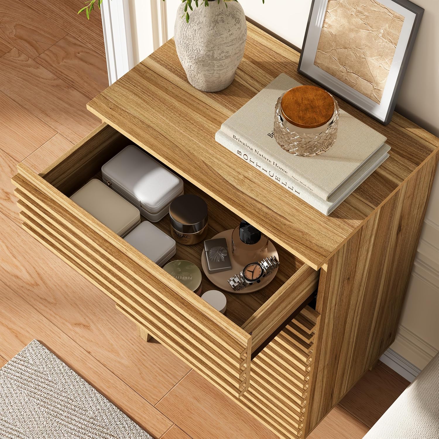 Wood Slat 4 Drawer Tall Dresser, 23.6" Wide Natural Wood Textured Chest of Drawers with Handle-Free Metal-Glide Drawers for Bedroom, Living Room & Hallway