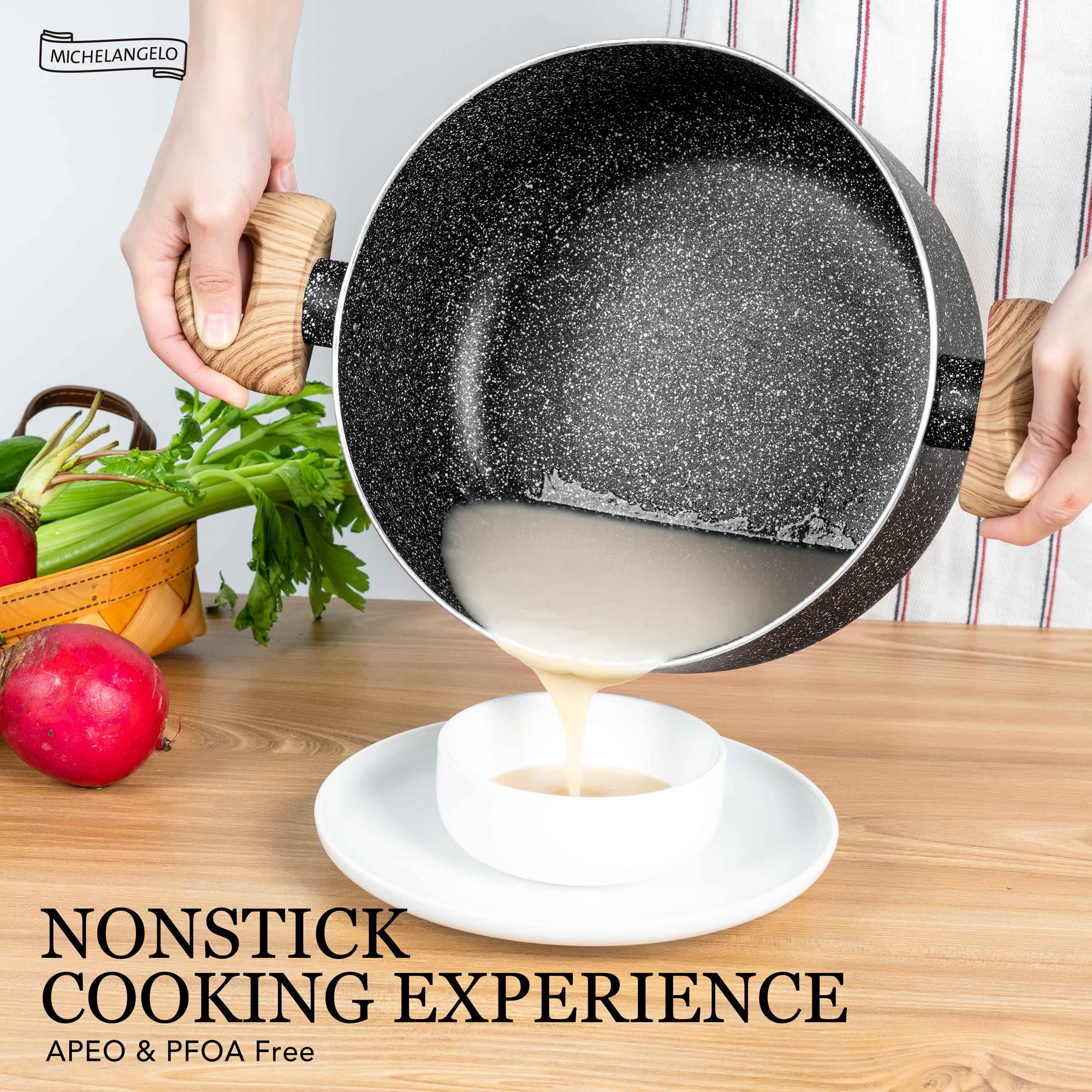 MICHELANGELO 5 Quart Stock Pot with Lid, Cooking Pot Nonstick Soup Pot with Lid, Induction Pot for Cooking, 5 Qt Pot With Lid, Nonstick Pot for Kitchen, Soup Pot with Wood Grain Handle, 5 Quart Pot