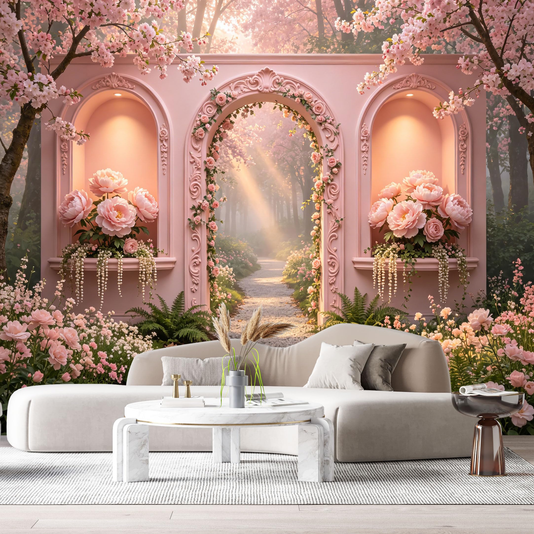 Custom Size Wall Murals Pink Archway Botanical Watercolor 3D Trompe L'Oeil Flowers Path SelfAdhesive Wall Fabric Removable Large Wallpaper for Photo Living Room