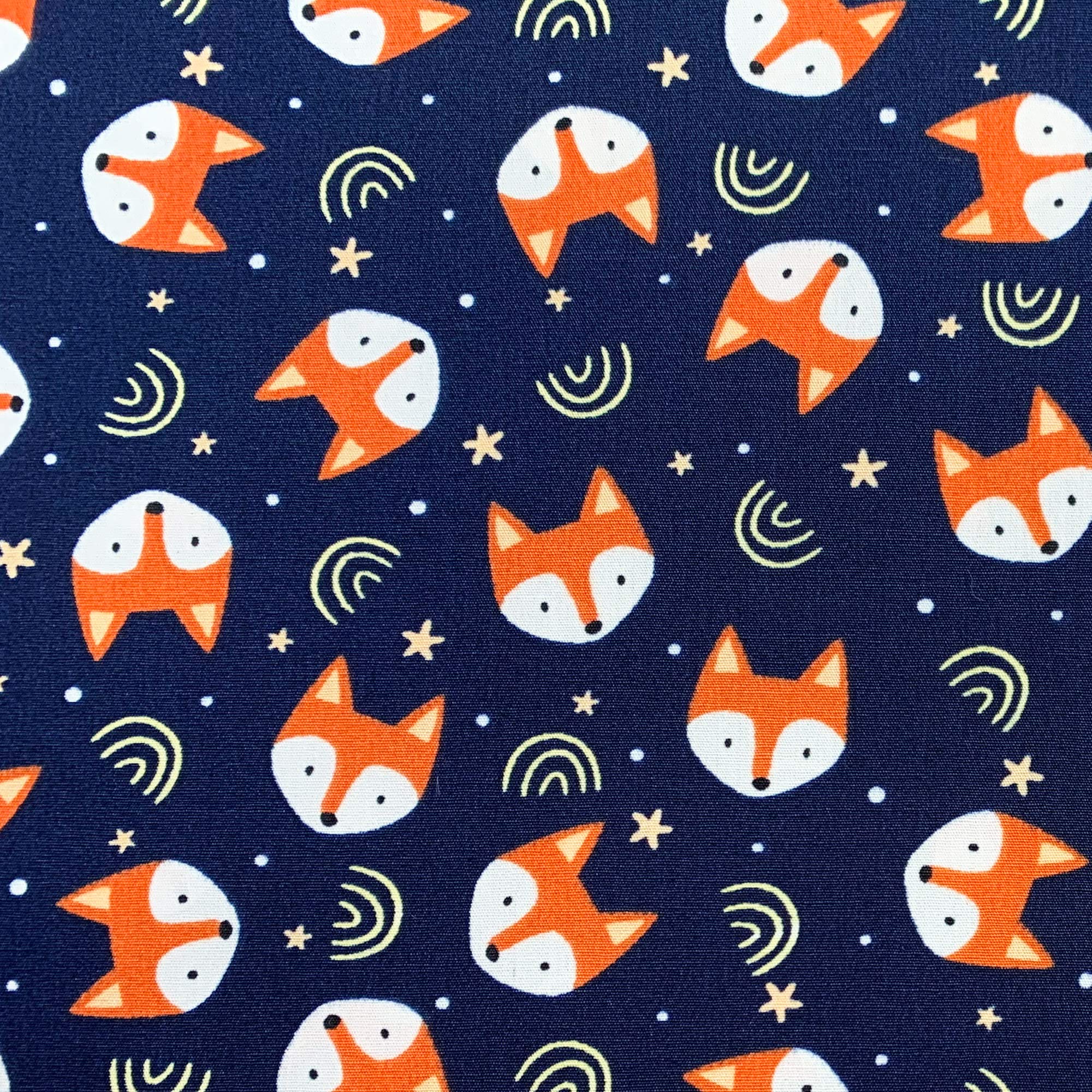 Oddies Navy Blue Cotton Fabric - Cute Fox Face On - Childrens Crafts - Poplin Fabric Material Metre