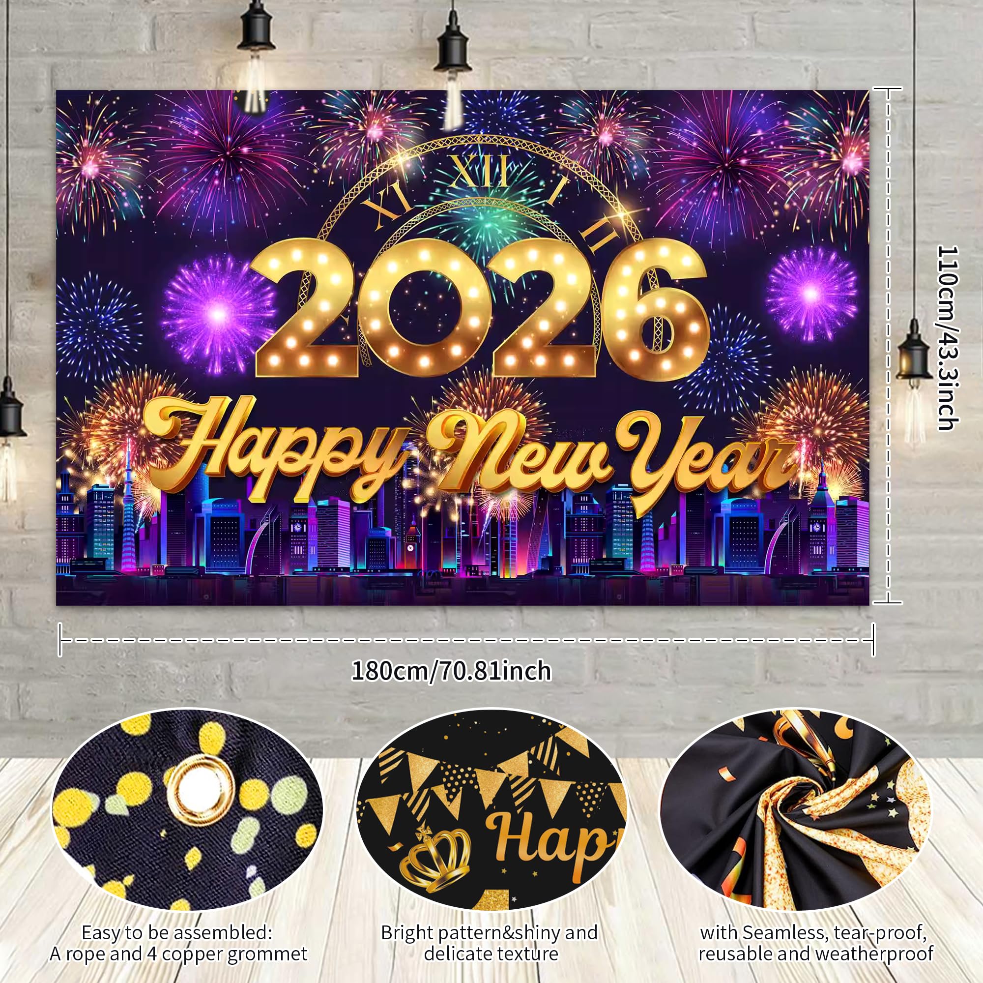 Happy New Year Banner 2026 New Years Eve Party Decorations New Year Photo Backdrop Props Purple Gold 2026 Banner Photo Booth Sign Background Supplies 180 * 110cm - Image 4