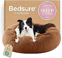 Vista 96 de Bedsure - Cama relajante para perro mediano, lavable, tipo dona, cama para gato, antideslizante, redonda, afelpada, mullida, de piel sintética