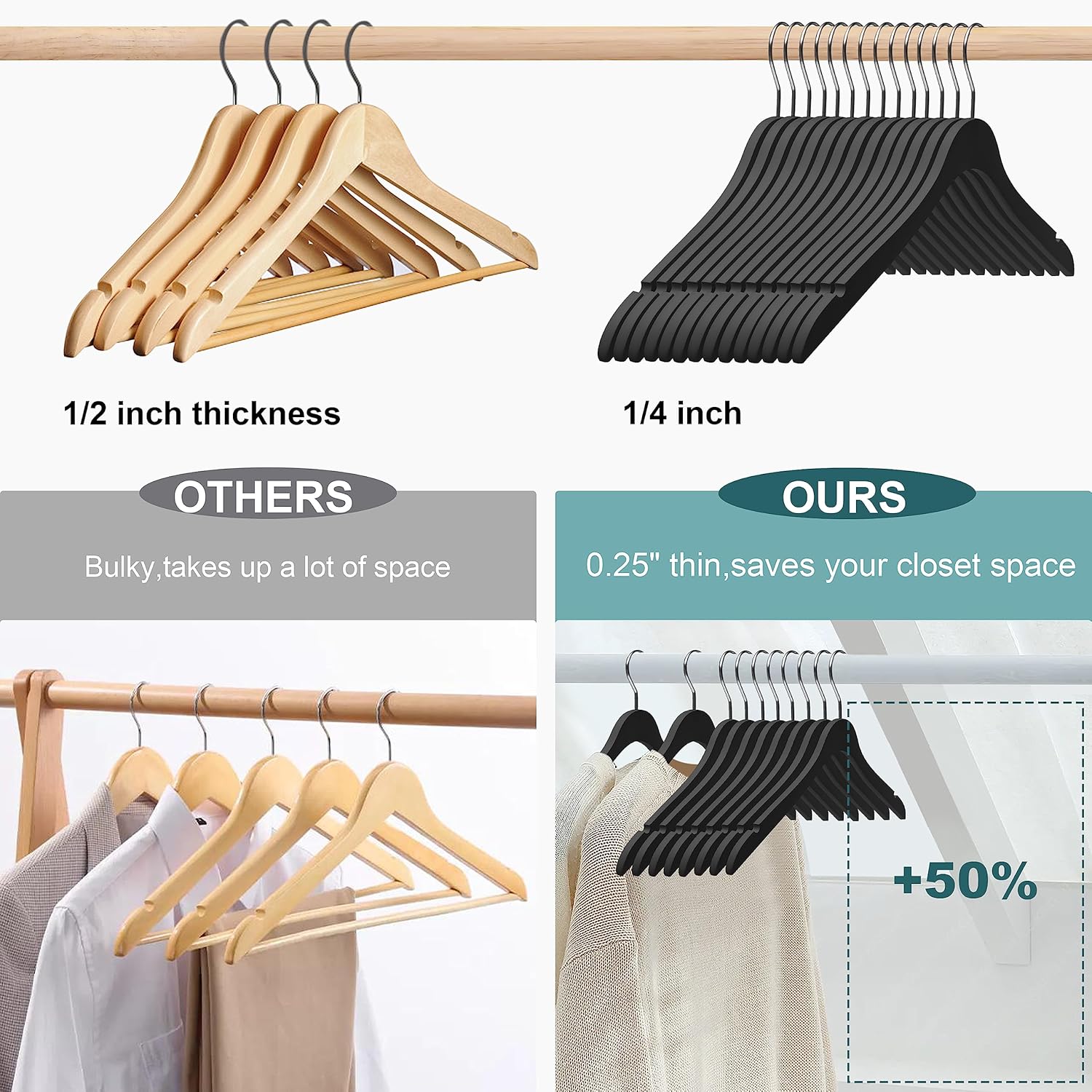 100 Luxury 16.5" Ultra Thin Space Saving Black Wooden Hangers, 360 Degree Swivel Hook, Best for Suit, Coat Hangers Shirts, Blouses, Pant, Dress Hangers Black with Gold Hook (Black, No Bar, 100)