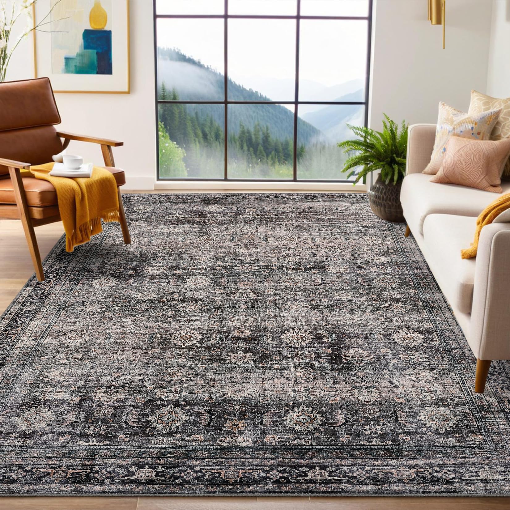 garveehome washable area rugs 6x9 vintage printed accent with non-slip backing, stain-resistant oriental throw rugs, farmhouse low pile for bedroom, living room, green camel