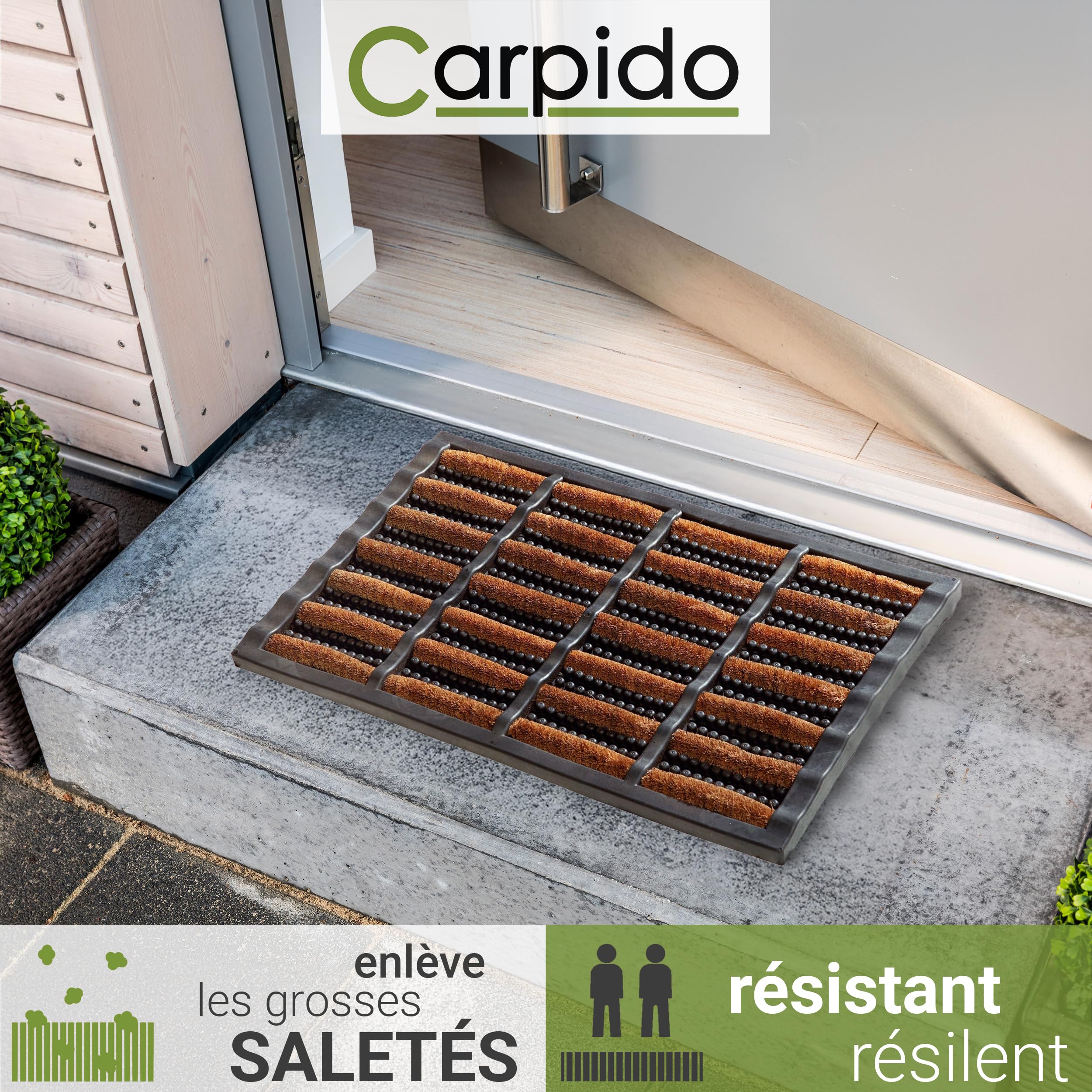 Carpido Paillasson antidérapant - Tapis de Porte en Caoutchouc & Coco - Lignes 40x60 cm Lot de 2 - Résistant aux intempéries et Robuste