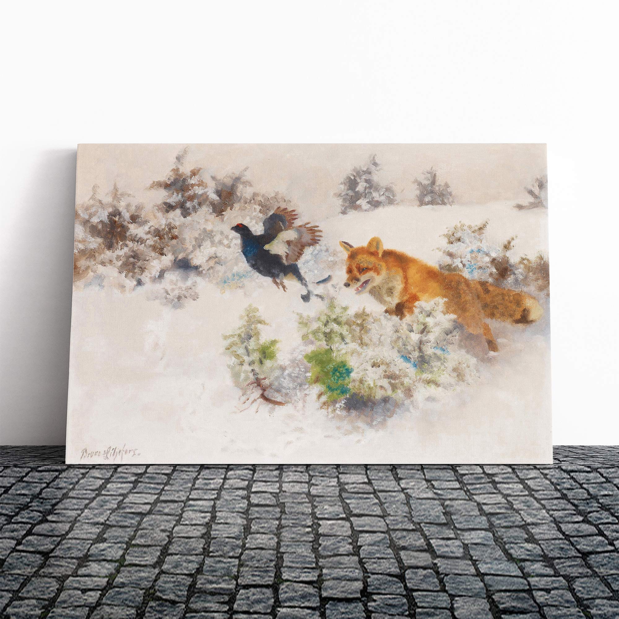 Bruno Liljefors Fox Chasing Bird Canvas Print | Gallery Wrapped 30mm Frame Wall Art | 20x14 inches | Ready to Hang | Modern Animals Picture | Living Room Bedroom Lounge Office