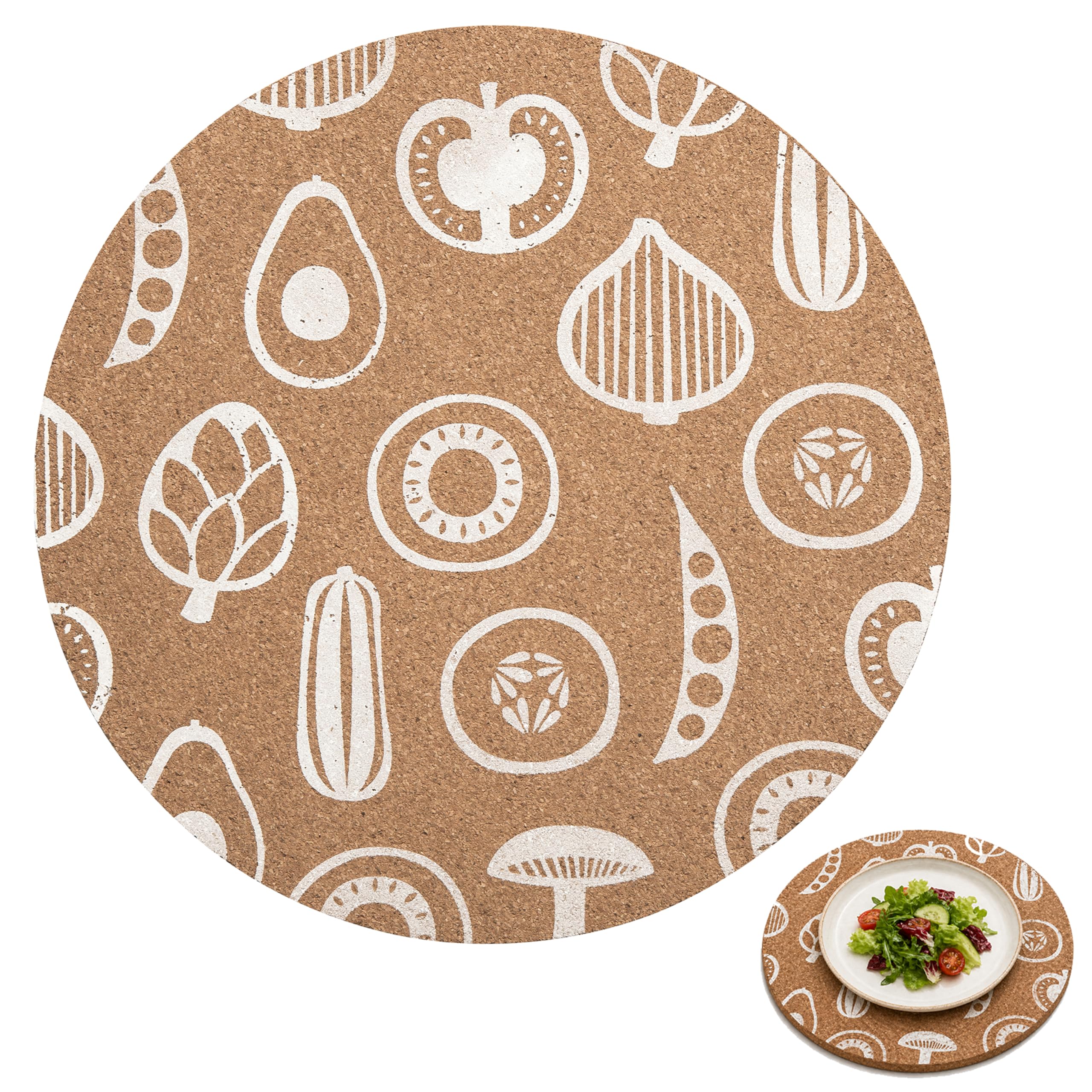 Premier Housewares Elegant Set Of Four Cork Round Placemats | Stylish White Outline Vegetable Designs Cork Placemats | Durable Easy To Clean Table Protectors For Everyday Use