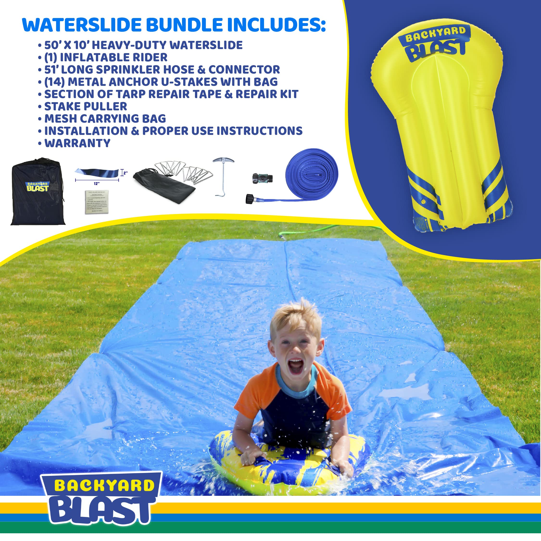 BACKYARD BLAST - 50' x 10' Heavy Duty Waterslide - Includes Rider, Sprinkler, Carrying Bag - Extra Thick to Prevent Tears & Rips