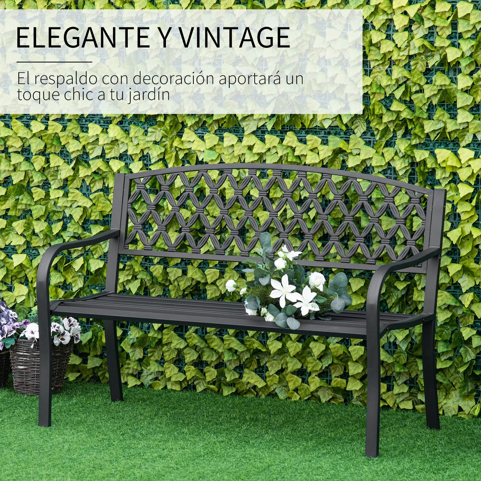 Outsunny Banco de Jardín de 2 Plazas con Respaldo 128x58,5x89 cm Negro | Decorativo y Reposabrazos, para Terraza Balcón Patio Exterior, Carga 240 kg, Hierro Fundido y Acero