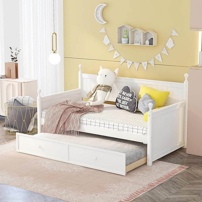 Buy Wood Daybed with Trundle, Twin Size Sofa Bed Frame, Modern Style Daybed for Kids Teens
