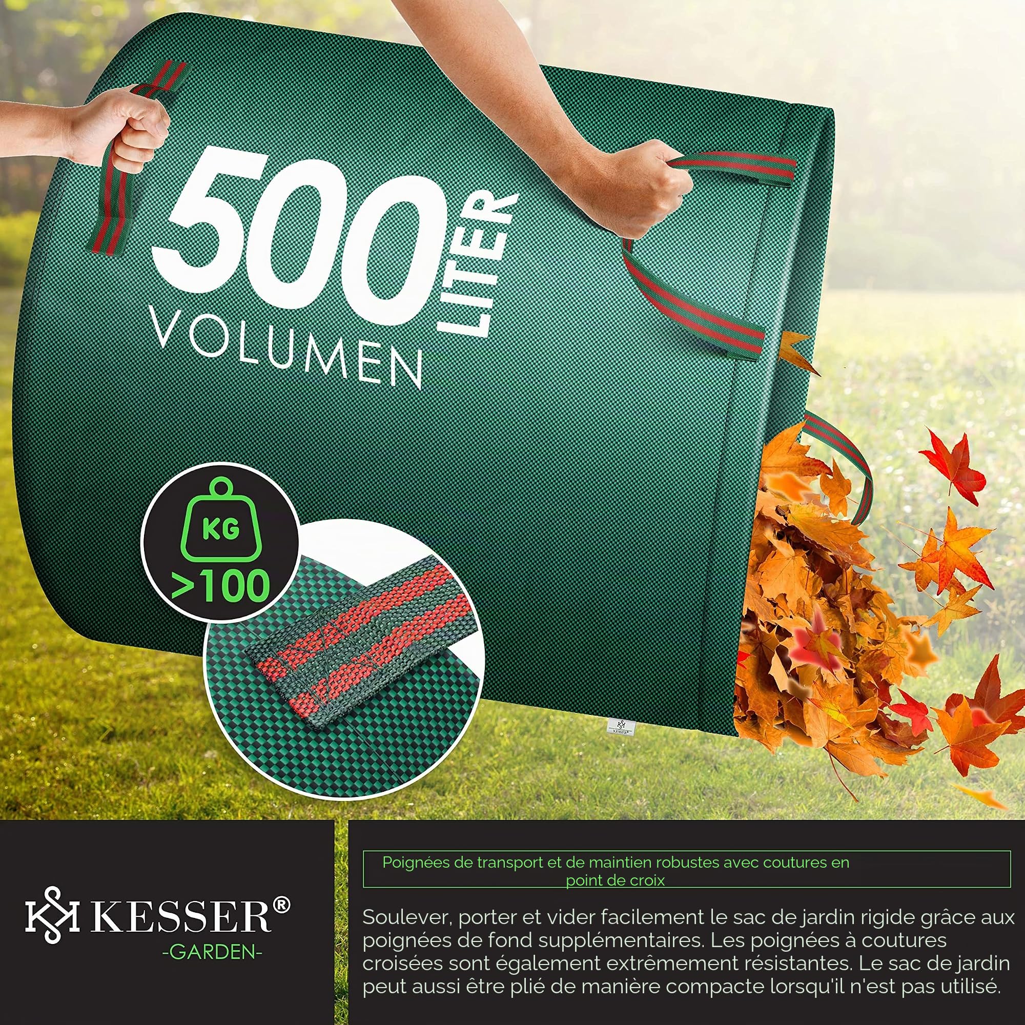 KESSER® Sac de jardin 4x 500L Set sac à feuilles Sac à déchets de jardin incl. gants - Autonome 4 poignées Stable Robuste Pliable Sacs à feuilles Tontes de gazon Sacs jardin pour déchets jardin Vert