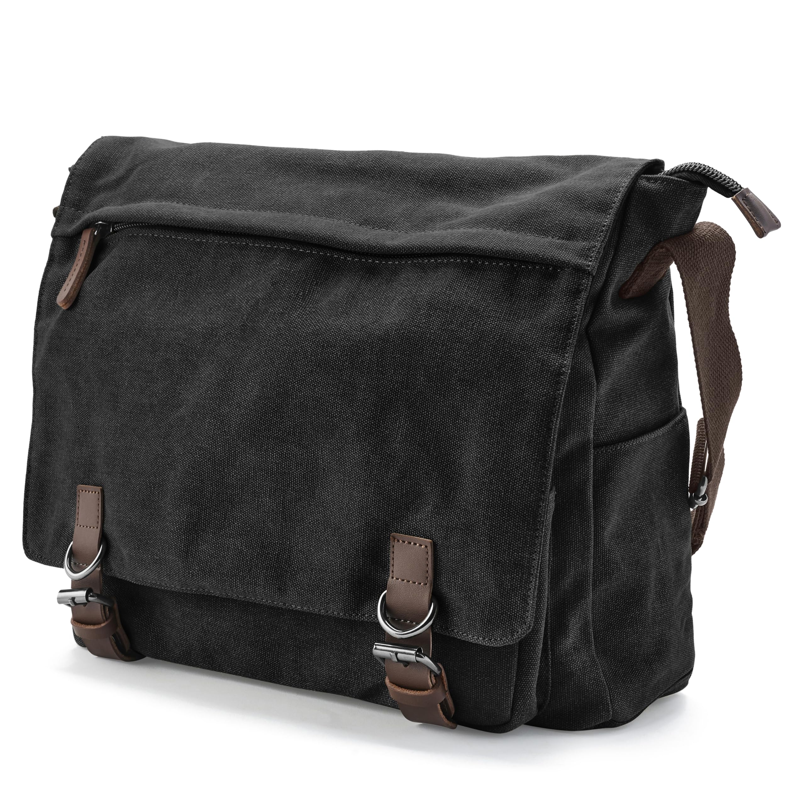 Trendhim Messenger Bag Herren | Canvas Umhängetasche mit Lederdetails & Laptopfach | Schultertasche für Alltag, Arbeit, Büro & Freizeit, 15 Zoll