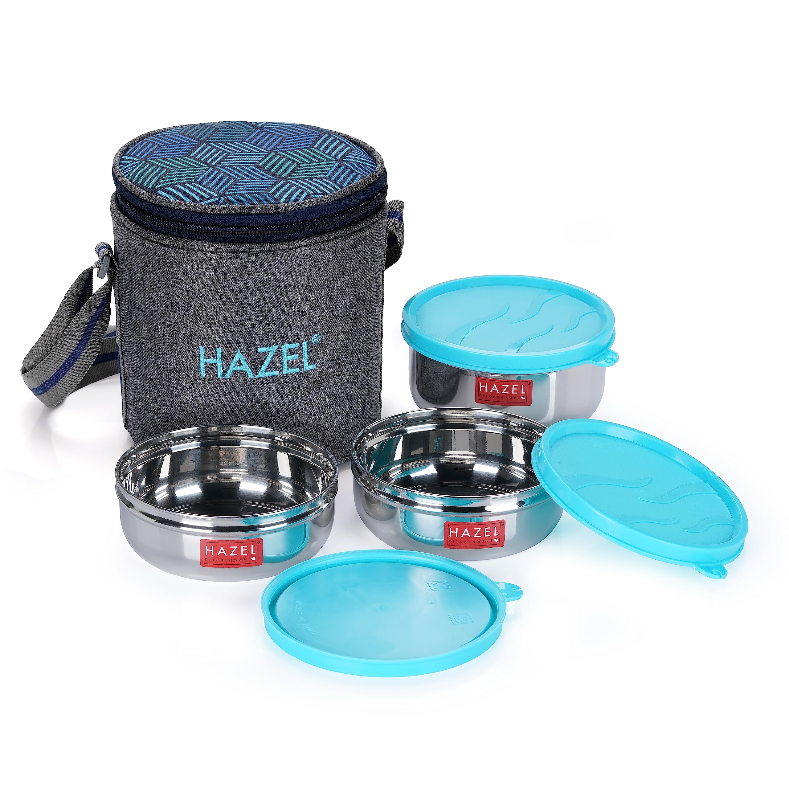 HAZEL Stainless Steel Tiffin Box Set of 3 | 2 Pc 300 ml, 1 Pc 450 ml Containers with Cylindrical Lunch Bag for Office & School