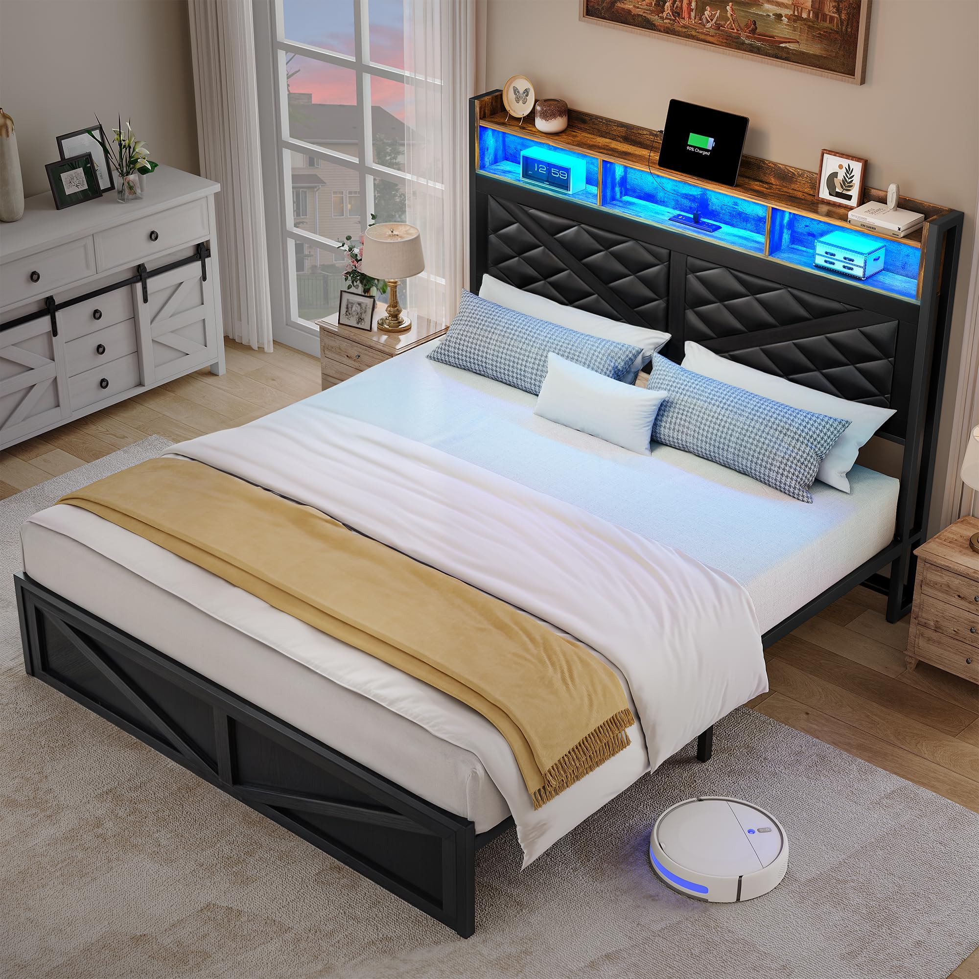 yitahome queen size bed frame with storage headboard and large under bed storage, upholstered platform with charging station and led light, no box spring needed, noise free, easy assembly, black (comes with 2 boxes)