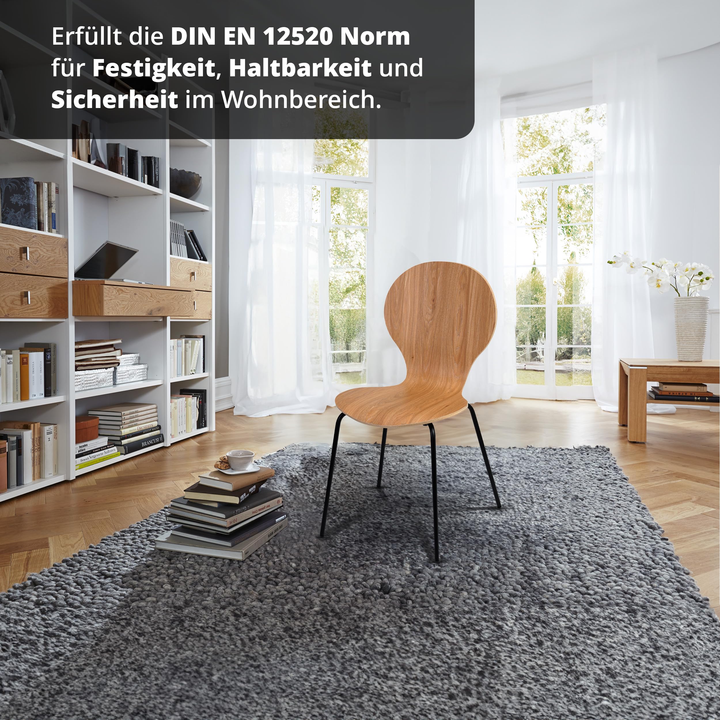 KHG 6er Set Stapelstühle Esszimmerstuhl Stuhl aus Schichtholz mit Eiche-Dekor - Sitzhöhe 45 cm, Stuhlbeine aus Metall - stapelbar für Esszimmer Gastronomie Büro