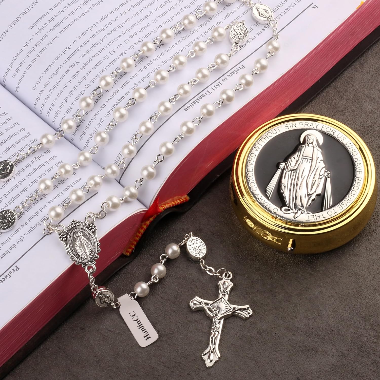 HanlinCC Glass Pearl Beads Catholic Rosary Necklace for Women with Gold Plated Miraculous Gift Box - Image 7