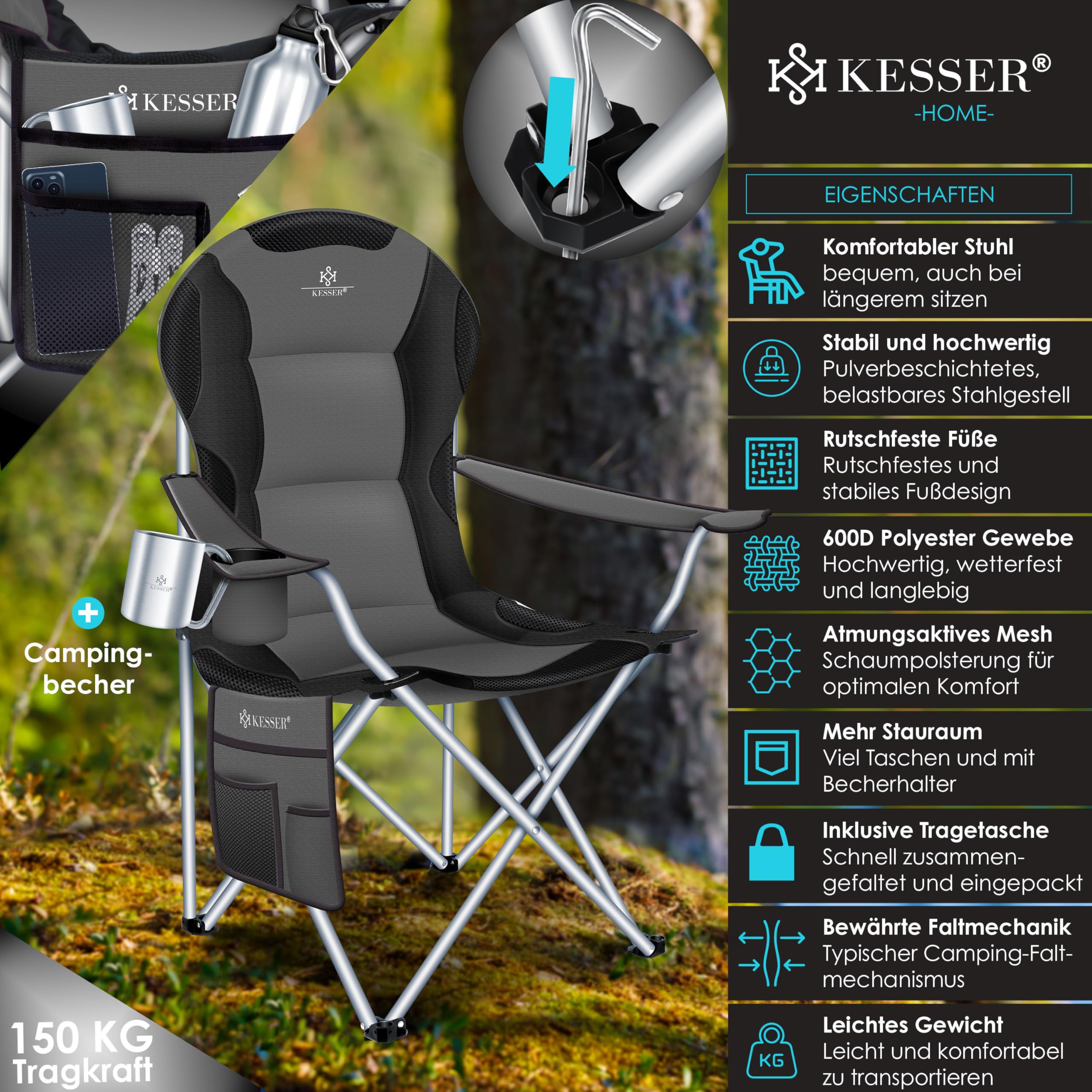 KESSER® Chaise de camping jusqu'à 150 kg, de pêche, pliable, rembourrée avec accoudoirs et dossier haut, lumière de camping et porte-gobelets + sac, pliable, anthracite/noir