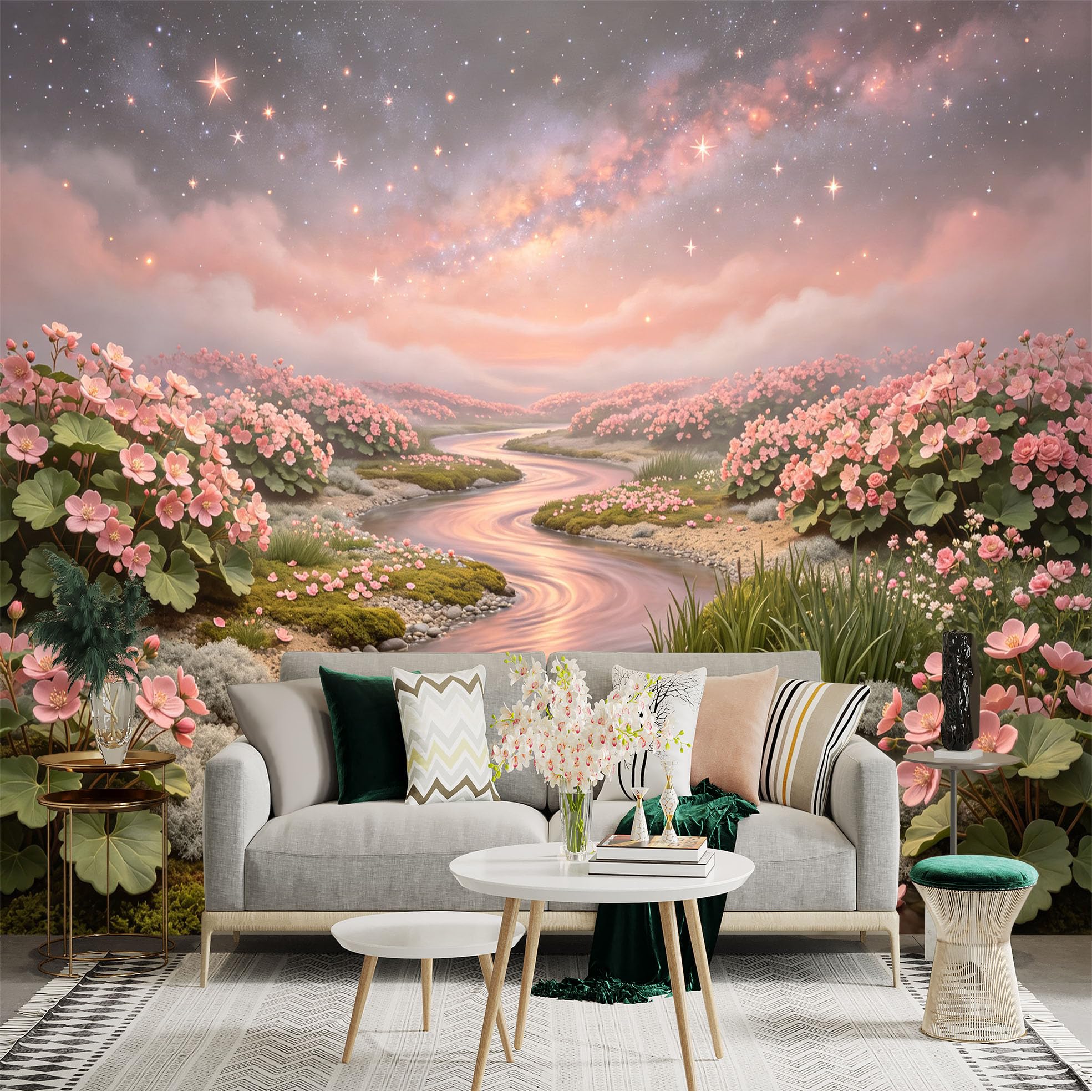 Lnzczhyre Bh260719646 Custom Size Wall Sticker Mural， Dreamy Pink Flower River， Glowing Stars In Twilight Sky， Ethereal Nature Scenery， For Wall Decoration， Peelandstick Wall Decals.