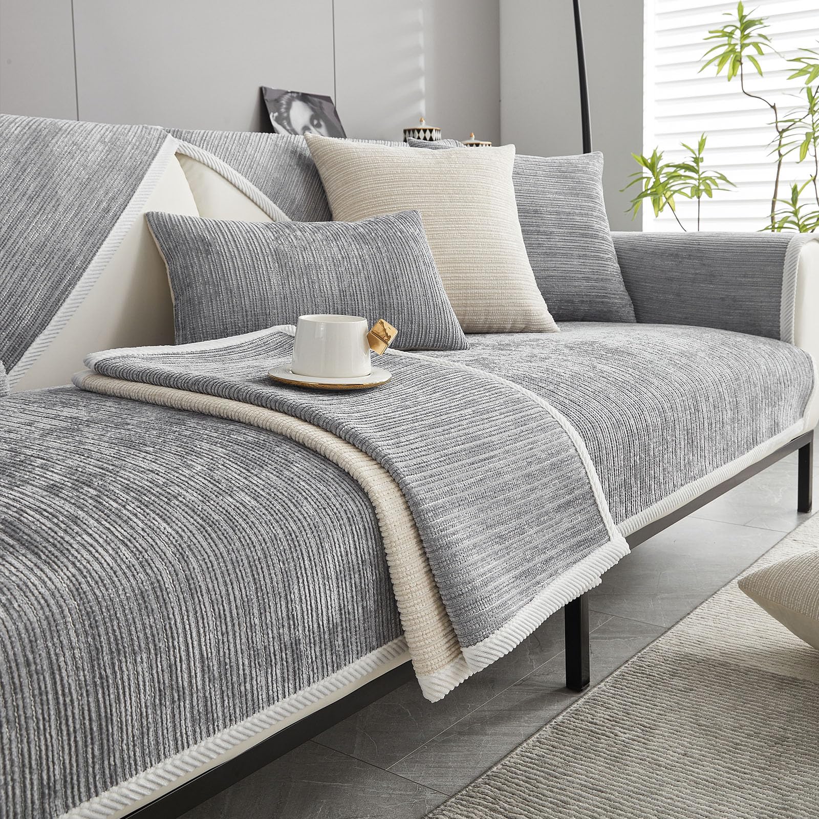 BohrenCL Sofa Covers Washable, Universal Non-Slip Couch Covers, Sofa Cover 1 2 3 Seater, Sofa Slipcovers L Shape Furniture Protector, Sofa Throw for Living Room, Light Gray, 110x210cm